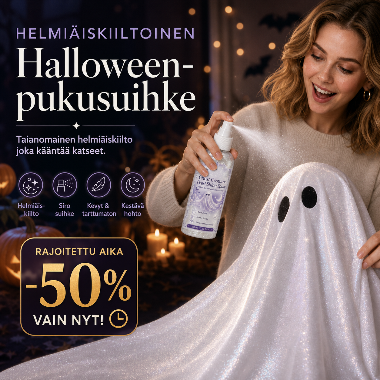 Helmiäiskiiltoinen Halloween-pukusuihke