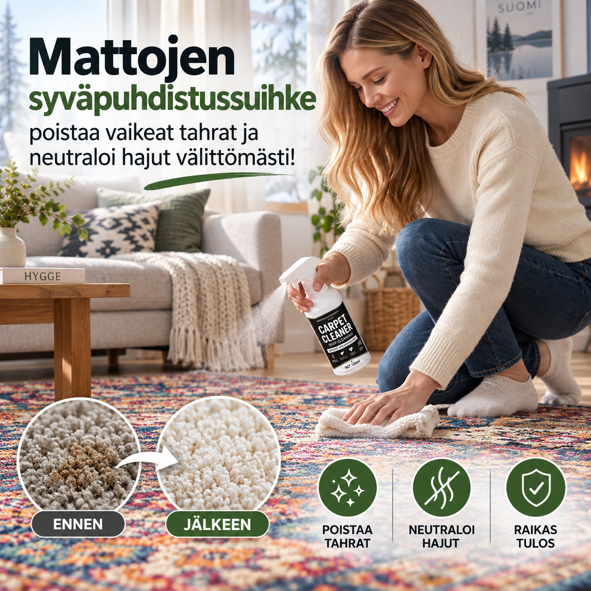 🧼✨ Mattojen syväpuhdistussuihke – poistaa vaikeat tahrat ja neutraloi hajut välittömästi!