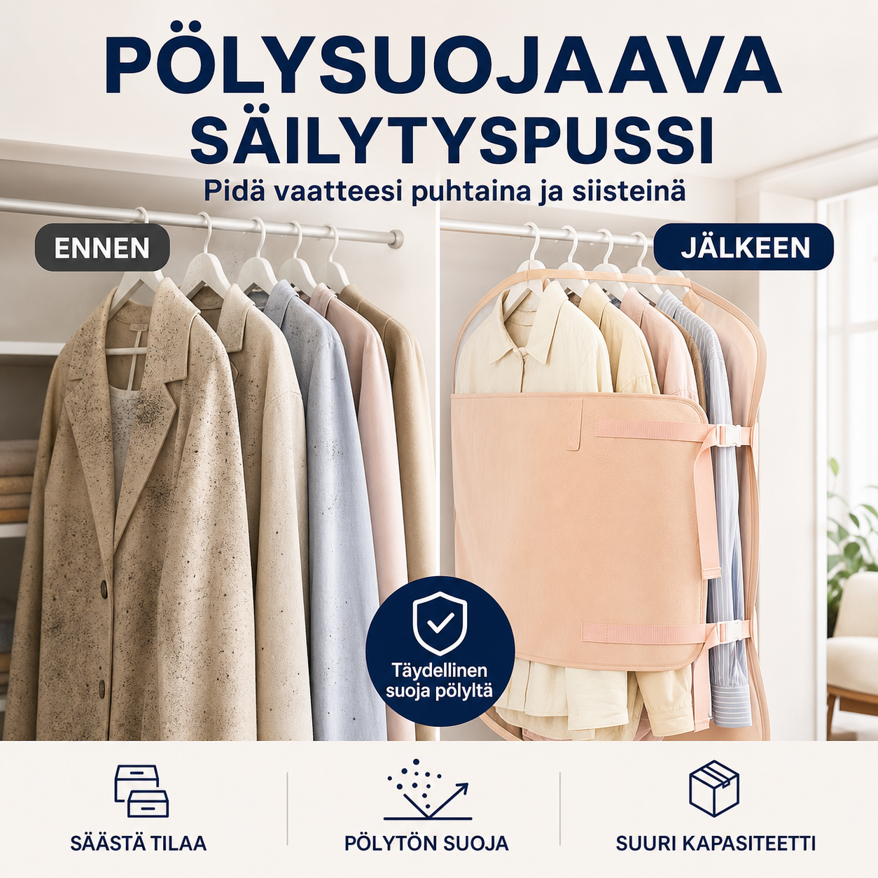 📦 Pölysuojaava säilytyspussi 👚🛡️ Rautaseinillä, pölyltä ja kosteudelta suojaava – yksi pussi mahtuu koko perheen sesonkivaatteille!