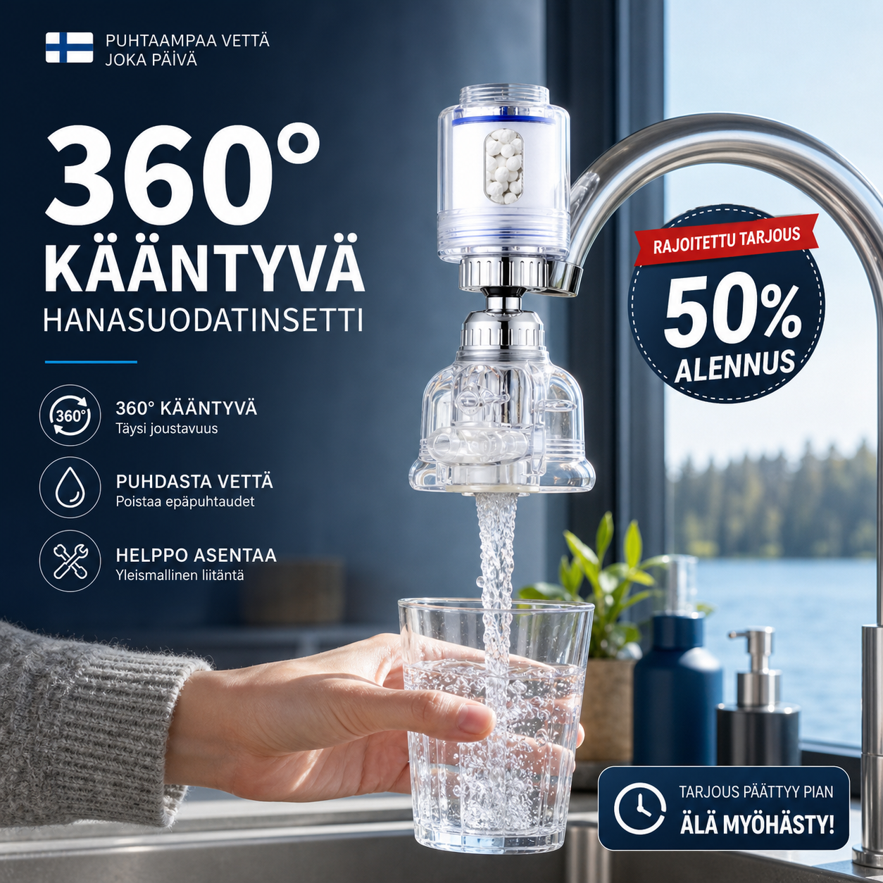Säädettävä 360°:lla pyörivä hanasuodatinsarja