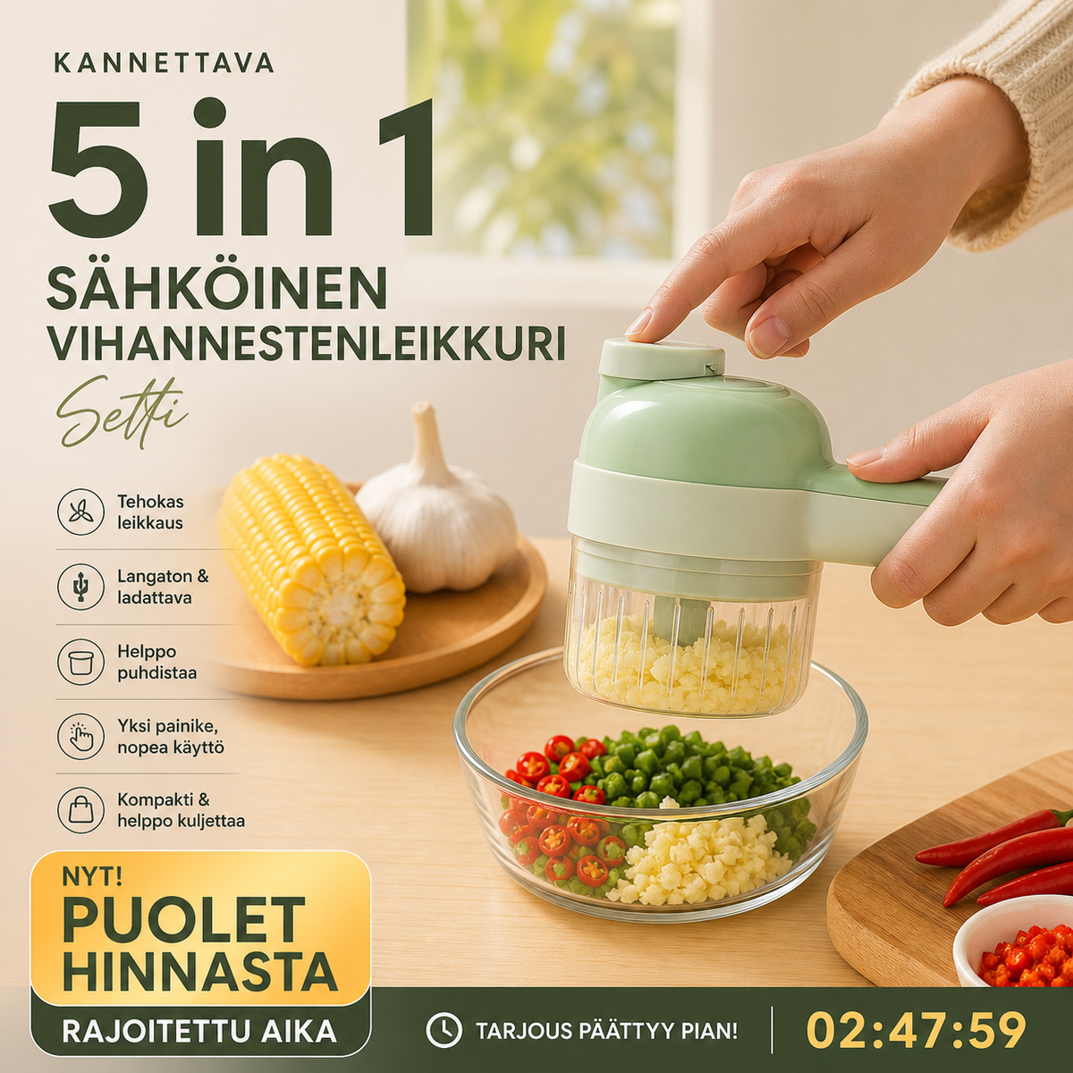 Ihanteellinen lahja - 5 in 1 kannettava sähköinen vihannestenleikkuri setti