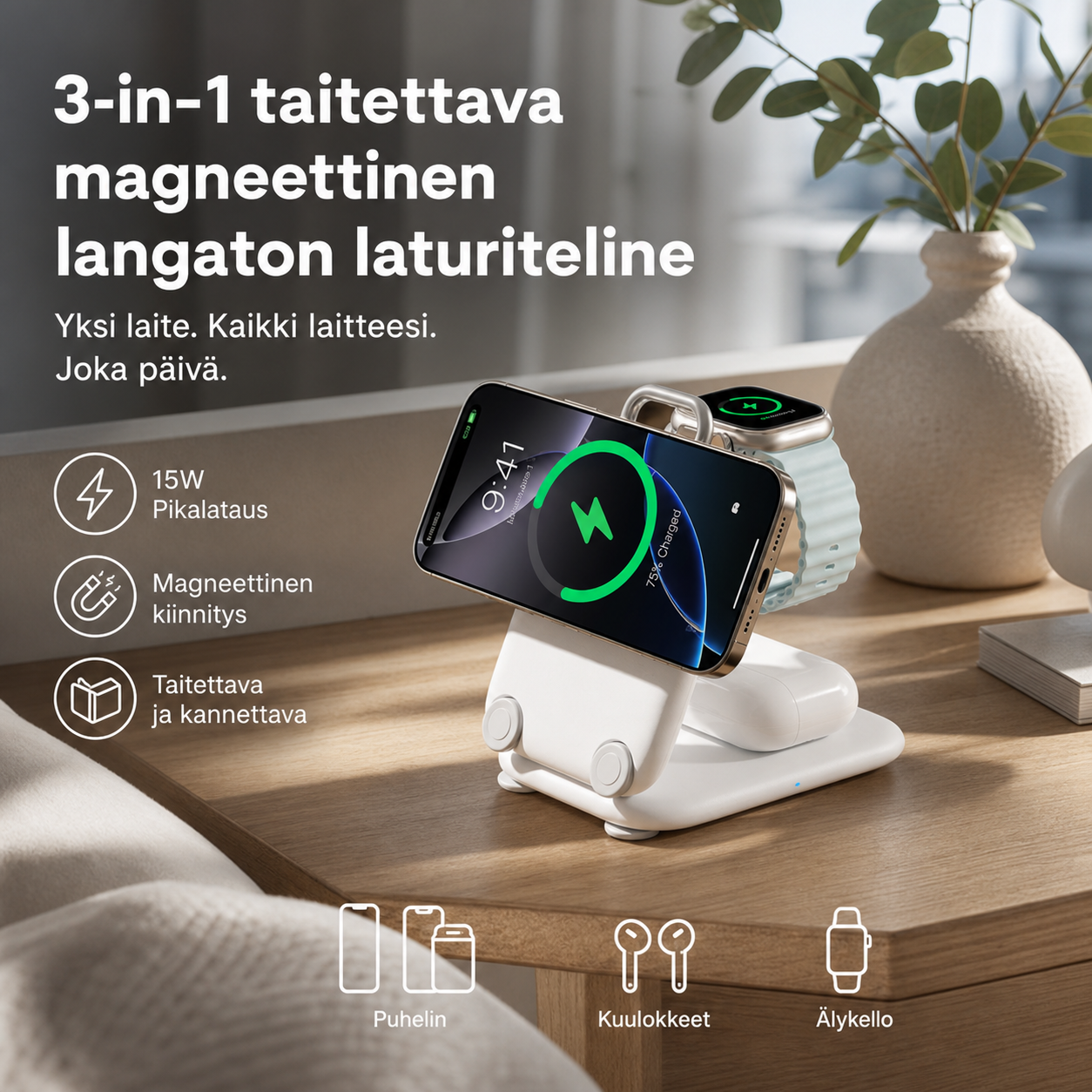 3-in-1 -taitettava magneettinen langaton laturiteline