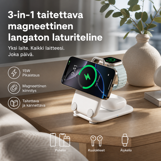 3-in-1 -taitettava magneettinen langaton laturiteline