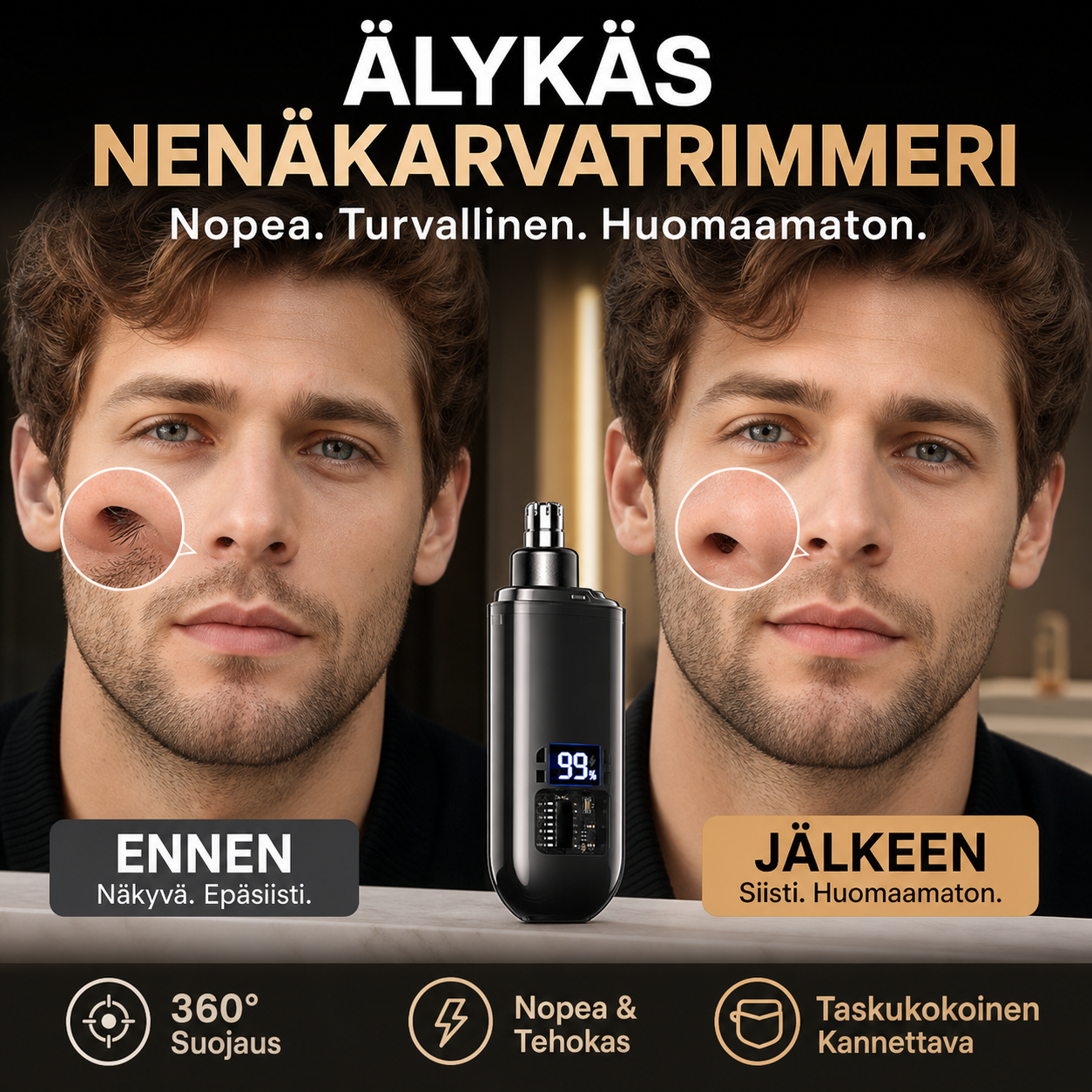 🔥 50 % ALENNUS! ✨ Älykäs nenäkarvatrimmeri – kivuton leikkaus, IPX7-luokan vedenkestävyys, pikalataus USB-C-liitännän kautta, LED-näyttö ✂️⚡