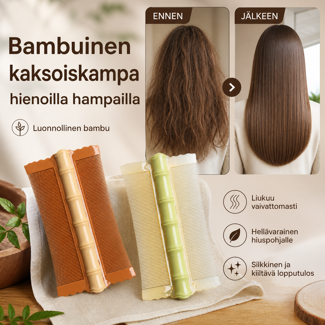 🎉🎁OSTA 1, SAAT 1 ILMAISEKSI🔥Bambuinen kaksoiskampa hienoilla hampailla