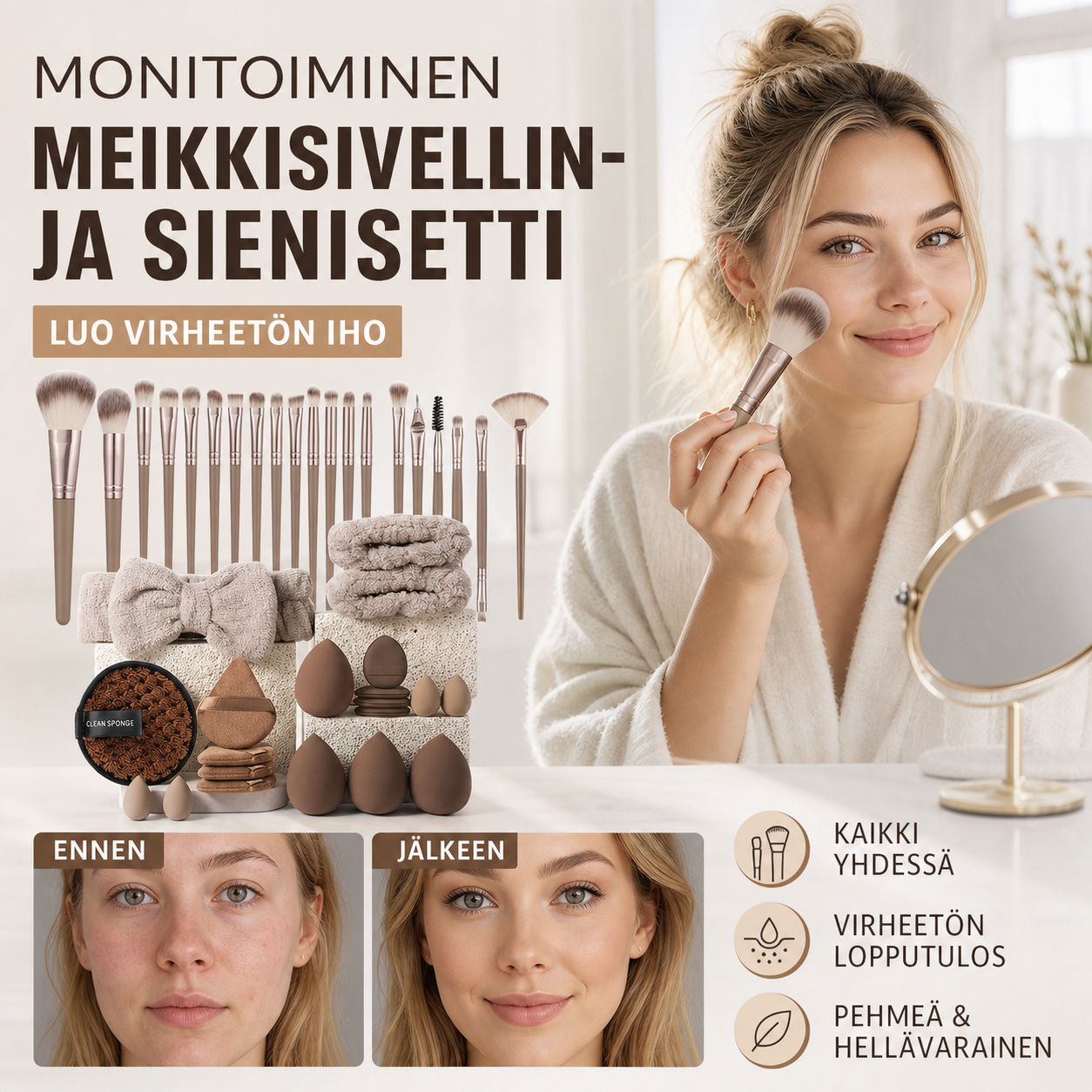 Monitoiminen meikkisivellin- ja sienisetti