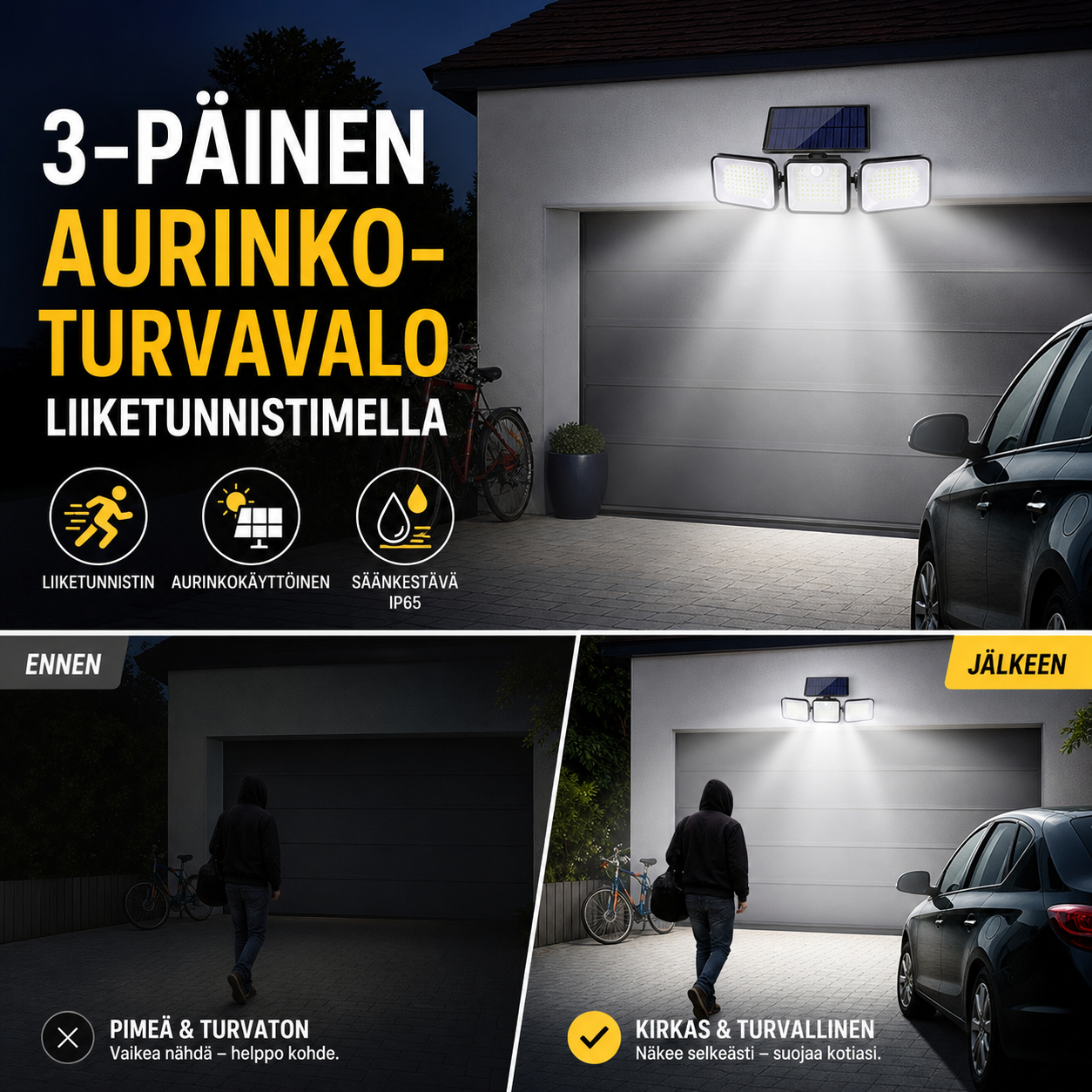 3-päinen aurinkoturvavalo liiketunnistimella
