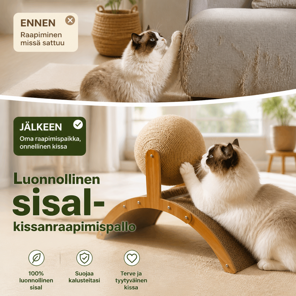 🎉 Vuoden 2026 tarjous — Yli 35 300 myyty! 🐈 Luonnollinen sisalikissanraapimispallo pahvialustalla