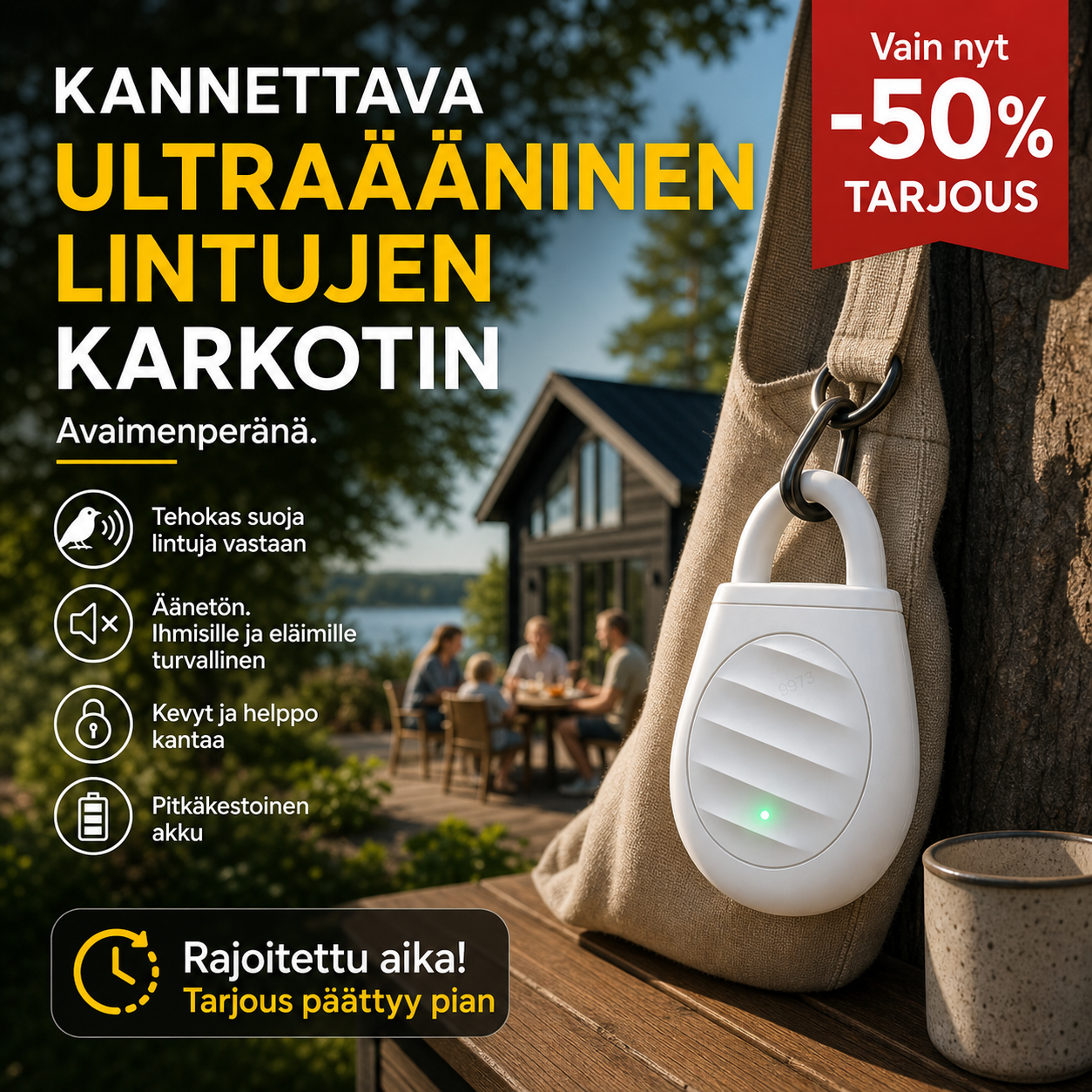 🐦Ei enää ongelmia lintujen, eläinten ja heinäsirkkojen kanssa！Kannettava ultraääninen lintujen karkotin avaimenperänä