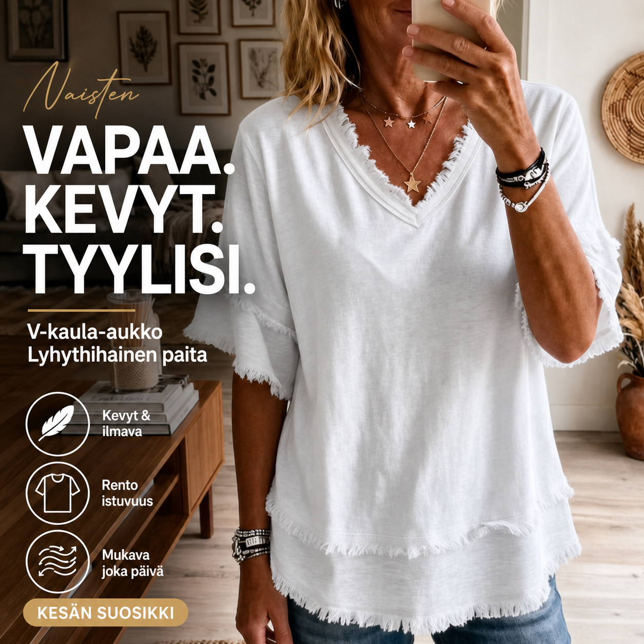 Naisten V-kaula-aukkoinen vapaa-ajan lyhythihainen paita