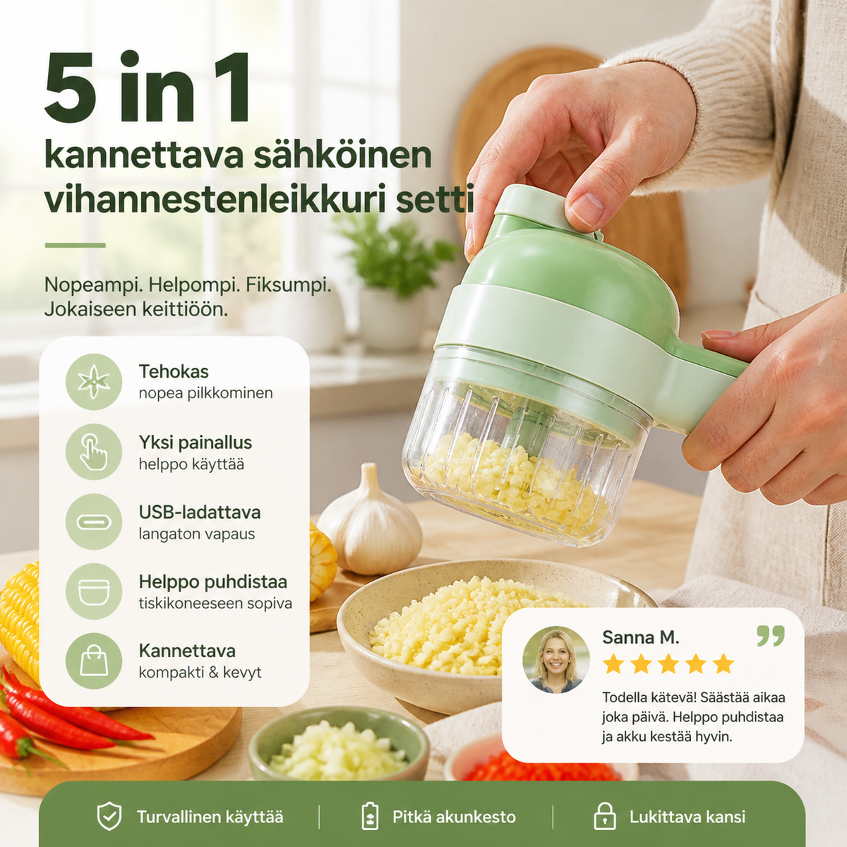 Ihanteellinen lahja - 5 in 1 kannettava sähköinen vihannestenleikkuri setti