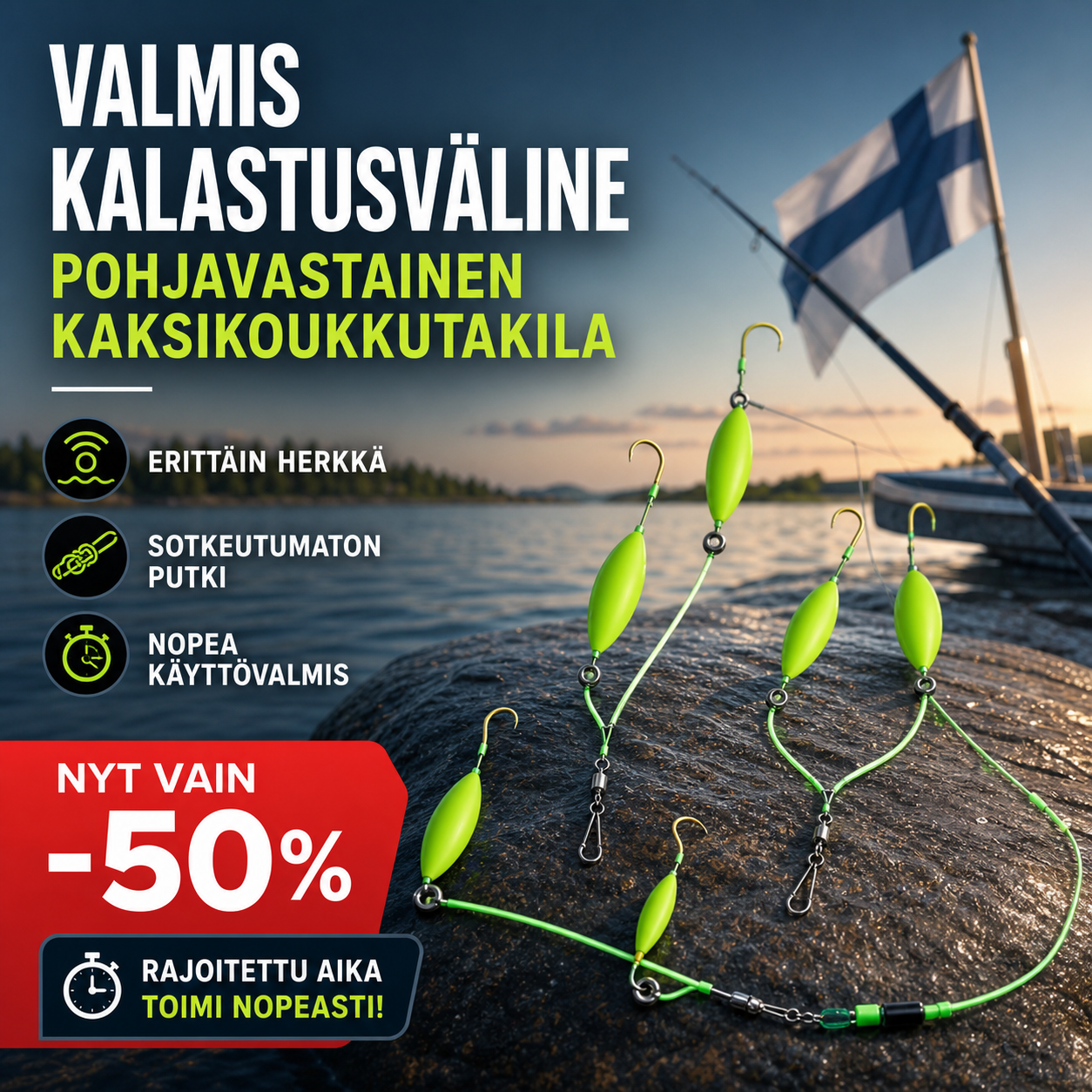 Valmis kalastusväline – pohjavastainen kaksikoukkutakila