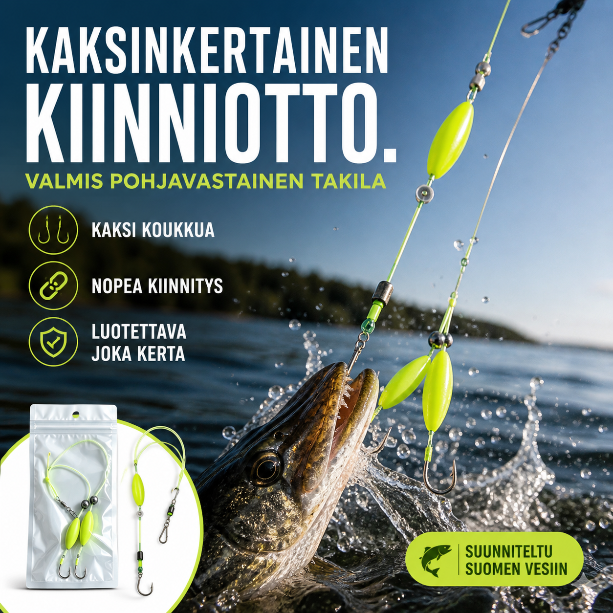 Valmis kalastusväline – pohjavastainen kaksikoukkutakila