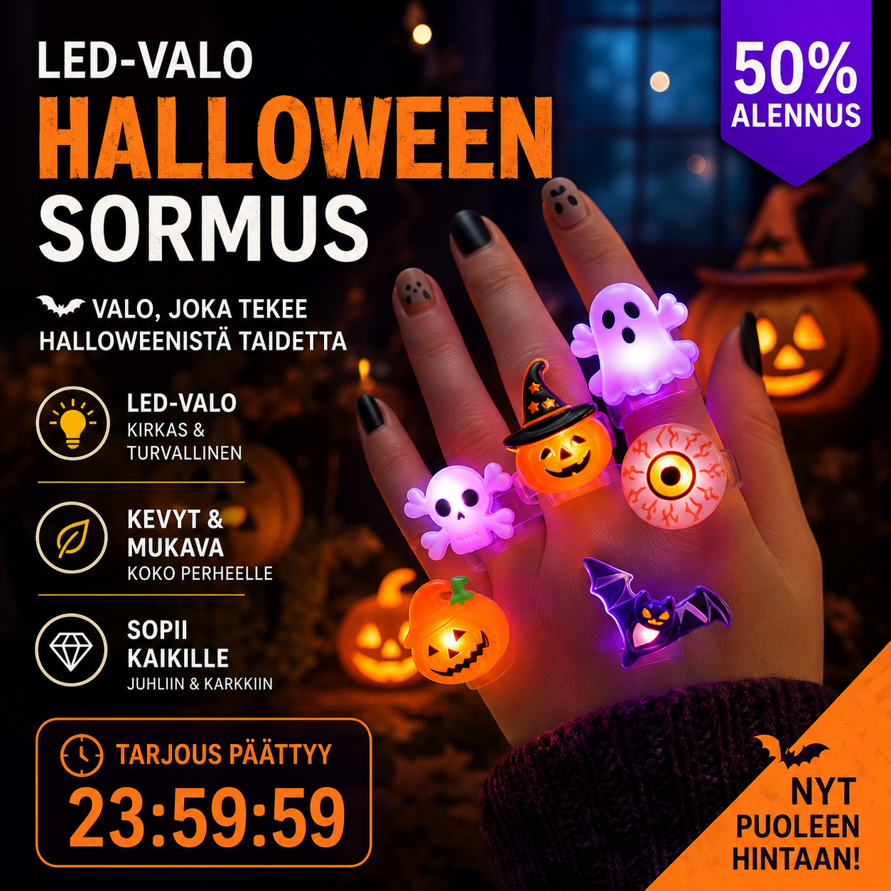🎁 LED-Valo Halloween Sormus 😍 - 50 kpl setti