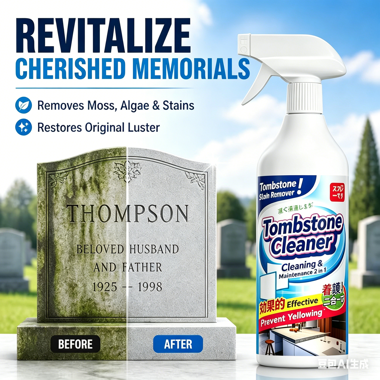 🔥Graveyard Moss Cleaner – monikäyttöinen tahranpoistospray – poistaa ammattimaisesti sammalta ja likaa hautakiviltä, kivien puhdistusaine