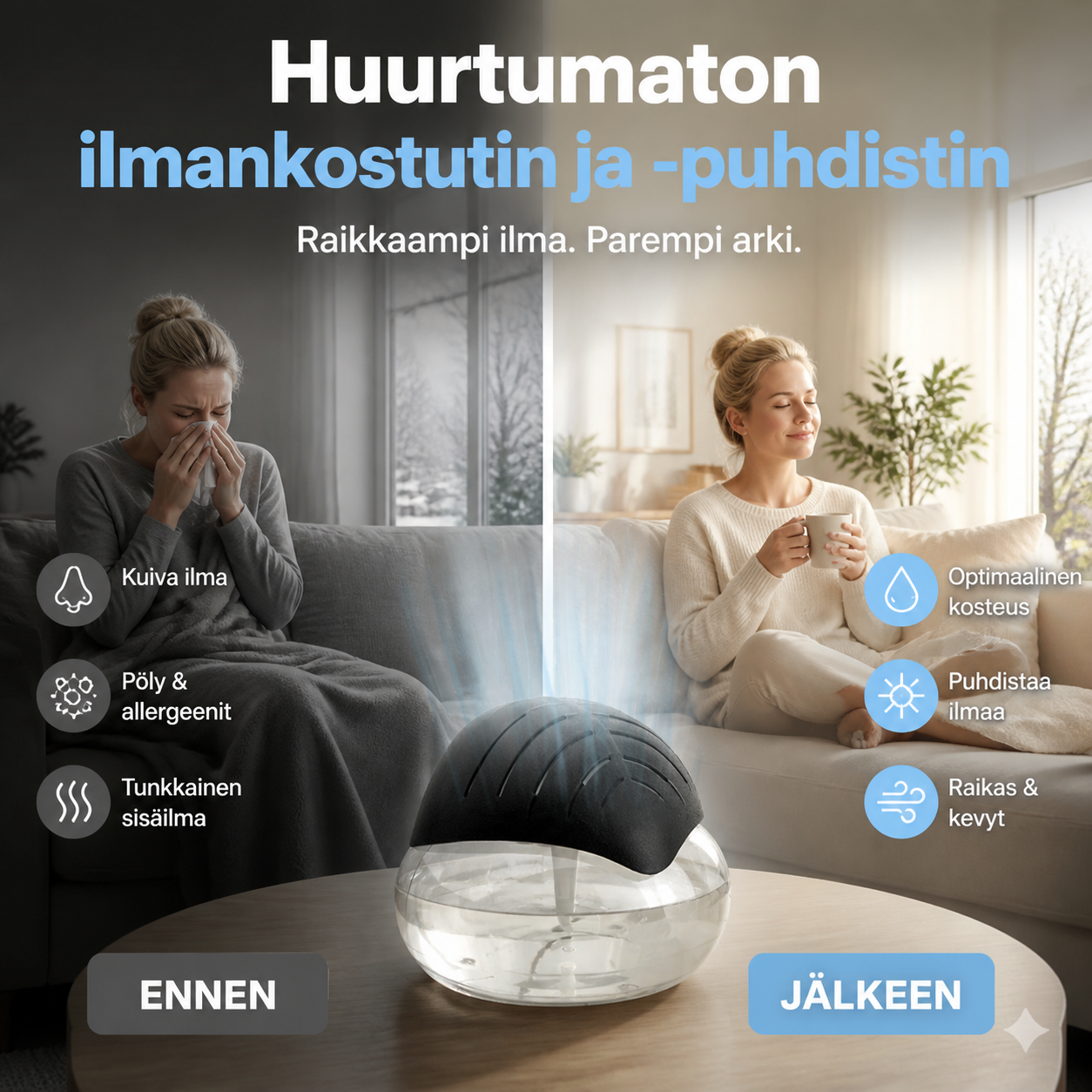 🌫️✨ Huurtumaton ilmankostutin ja -puhdistin 🌿 Kannettava muotoilu 🚚