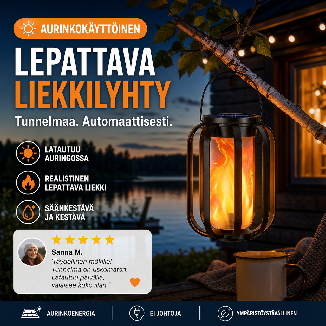 🏮 RAJOITETUN AJAN -50%! ☀️ Aurinkokäyttöinen lepattava liekkilyhty – Vedenkestävä ja automaattisesti syttyvä – Realistinen lämmin hehku, täydellinen terasseille, puutarhoihin tai poluille – ei johdotusta 🌙
