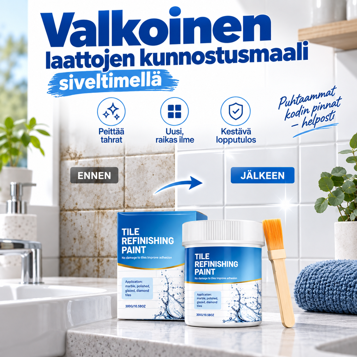 Valkoinen laattojen kunnostusmaali siveltimellä