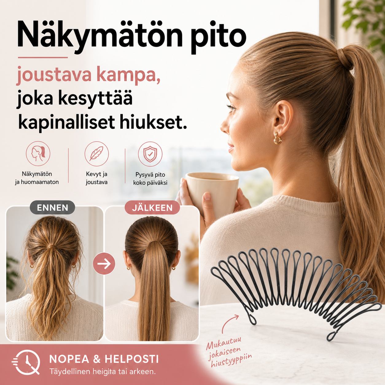 Näkymätön pito – joustava kampa, joka kesyttää kapinalliset hiukset