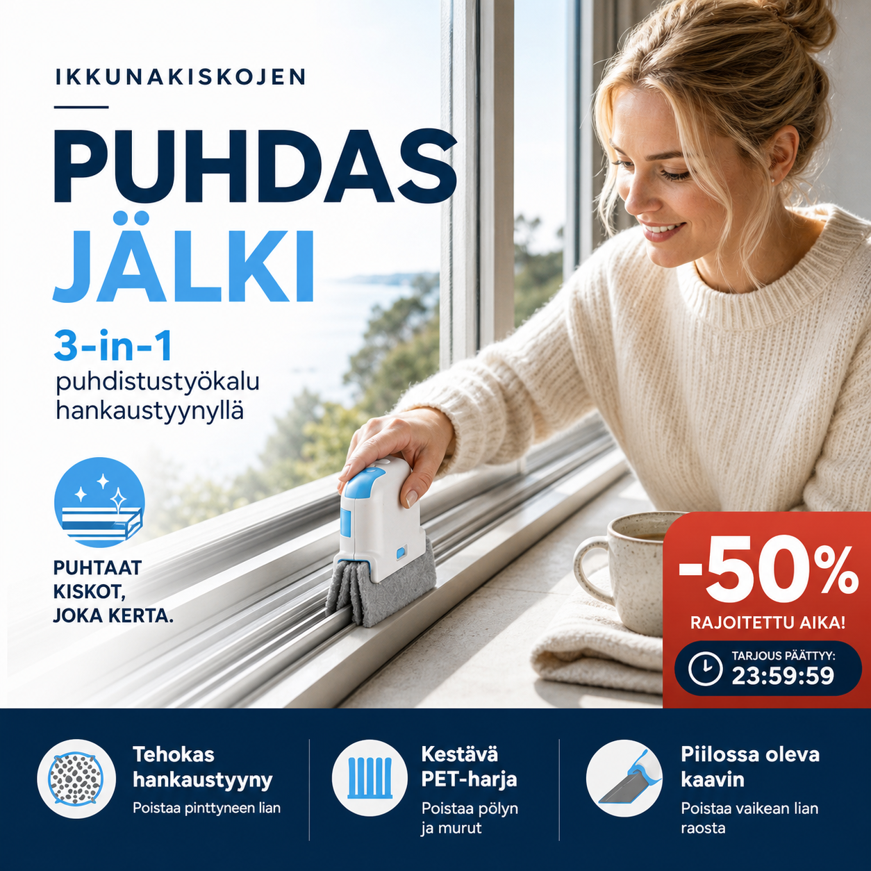 3-in-1-ikkunakiskojen puhdistustyökalu, jossa on hankaustyyny