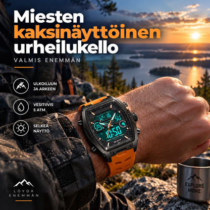 Miesten kaksinäyttöinen urheilukello – pimeässä hohtava kellotaulu