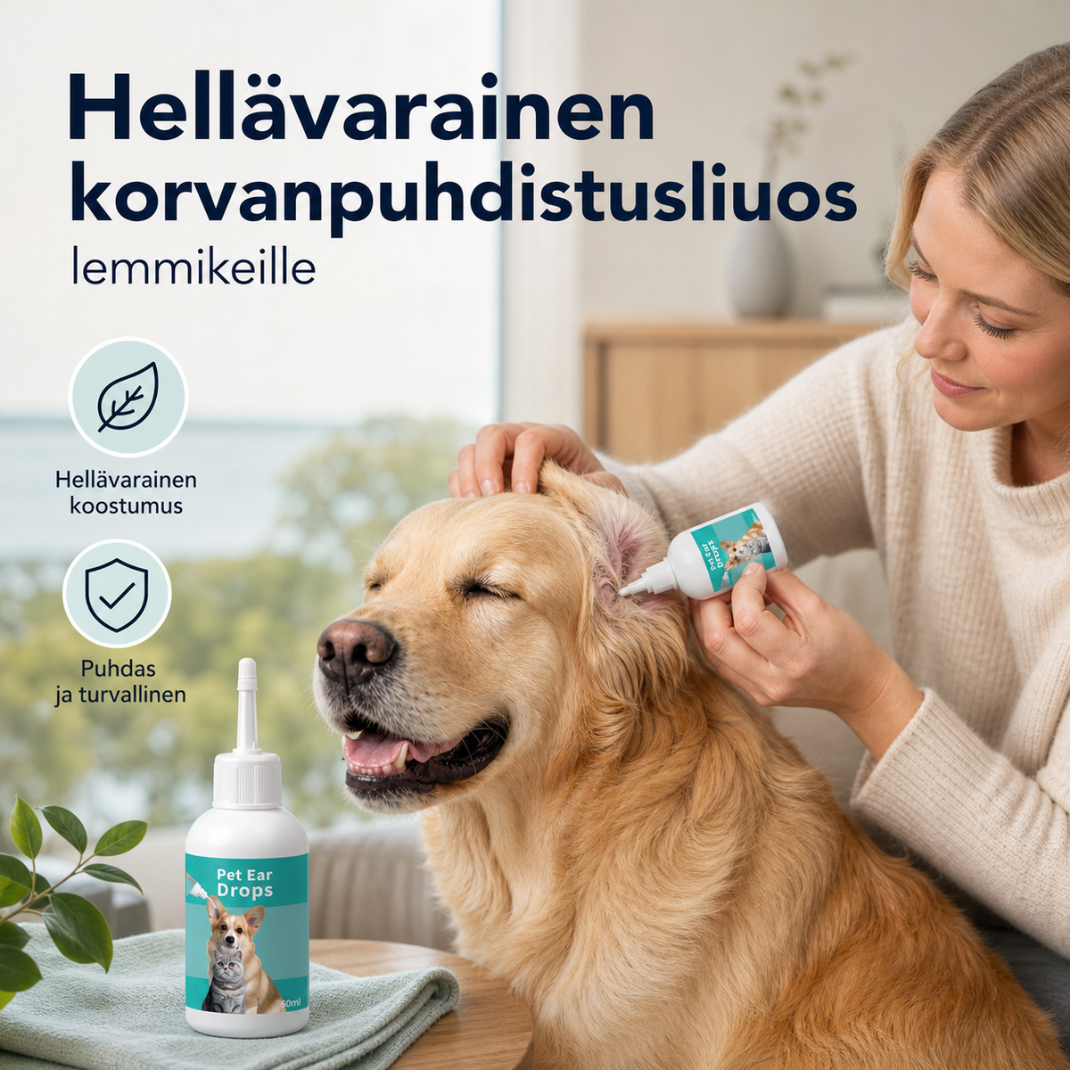 Hellävarainen korvanpuhdistusliuos lemmikeille