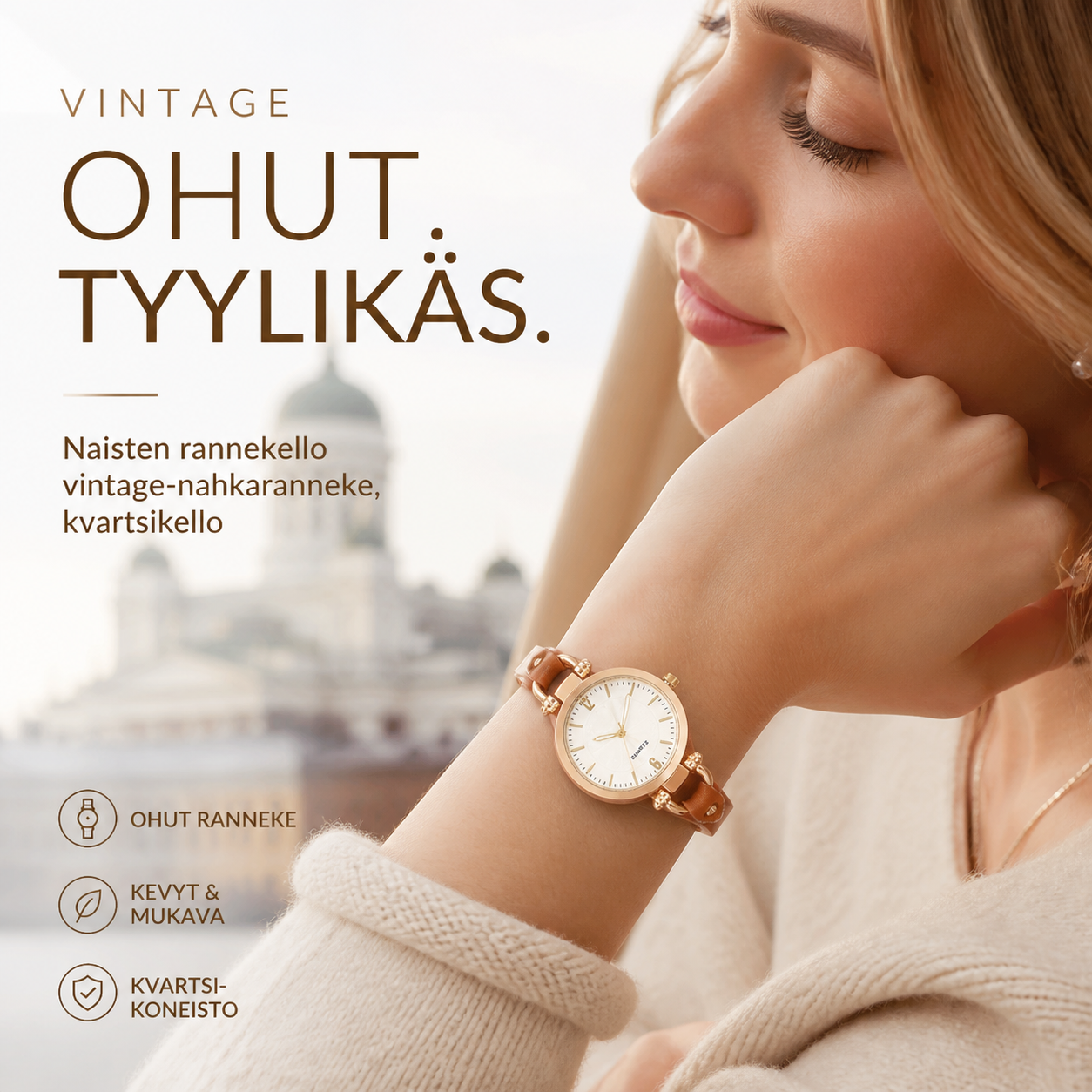 Tyylikäs ohutrannekeinen naisten rannekello – vintage-nahkaranneke, kvartsikello