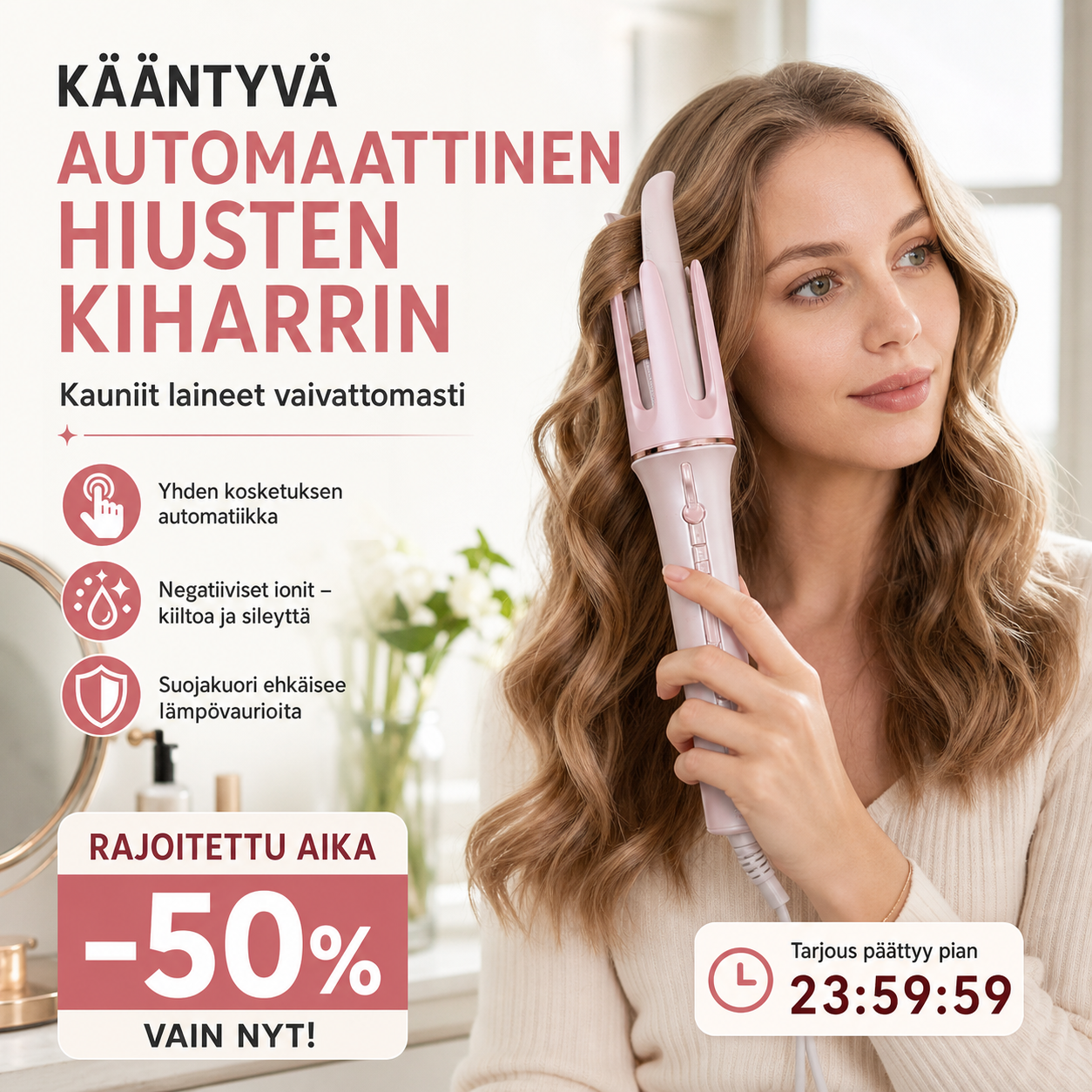 Kääntyvä automaattinen hiusten kiharrin