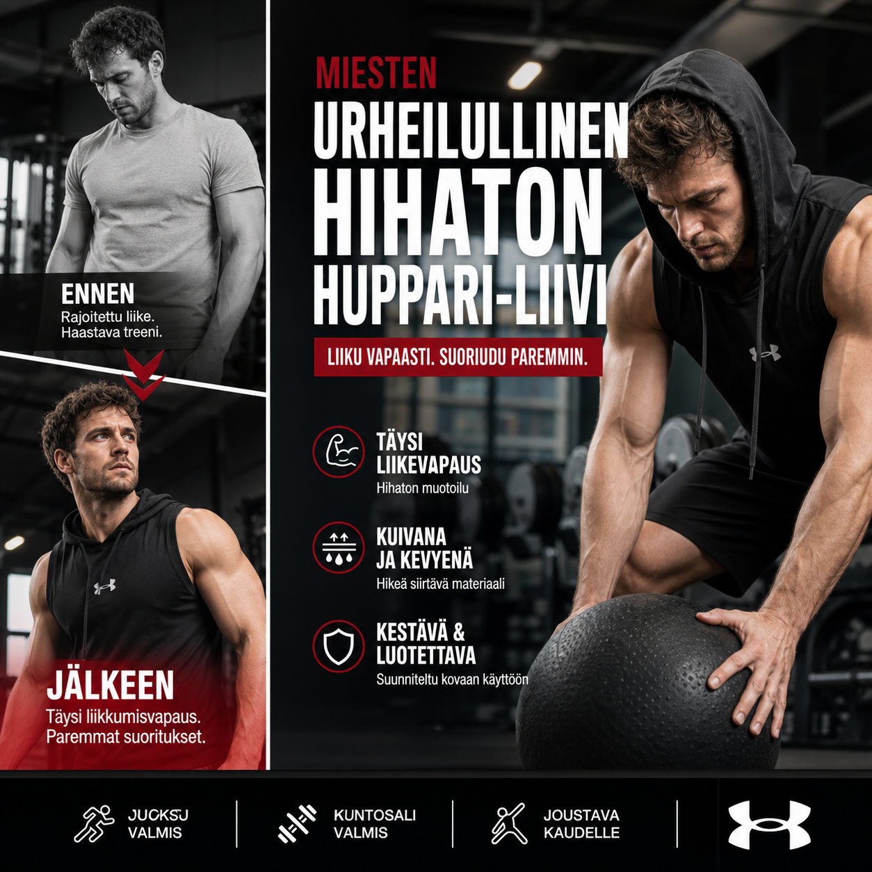 Miesten urheilullinen hihaton huppari-liivi