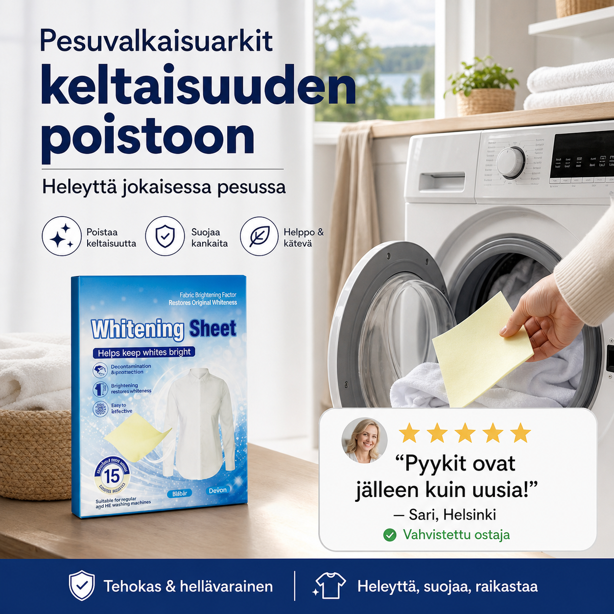 Pesuvalkaisuarkit keltaisuuden poistoon