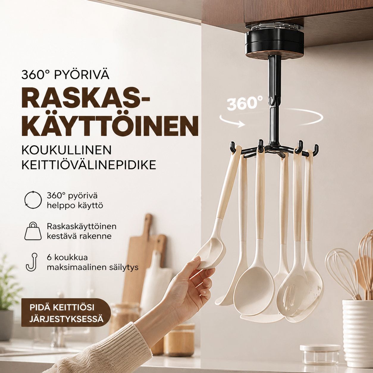 360° pyörivä raskaskäyttöinen koukullinen keittiövälinepidike