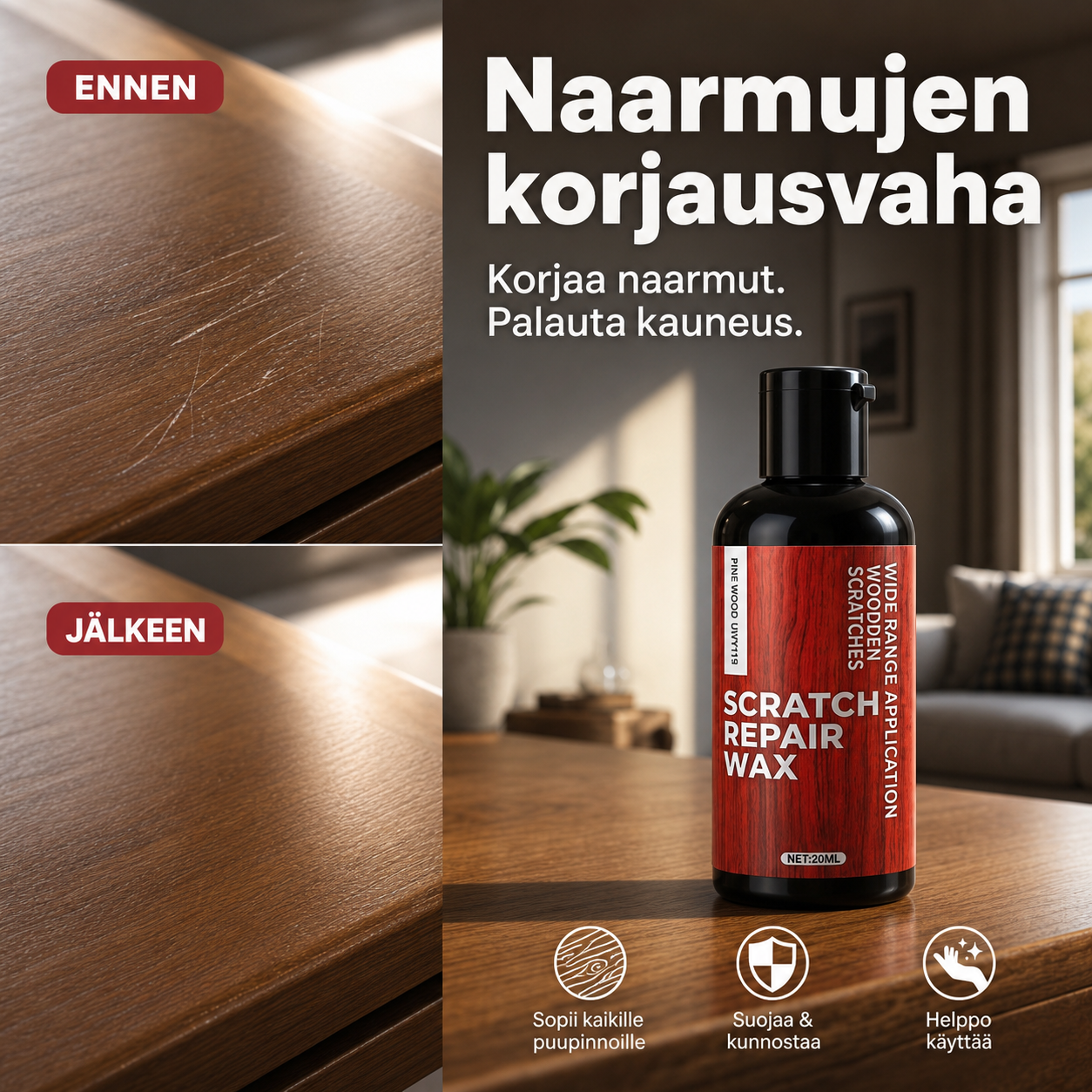 Naarmujen korjausvaha – Täyttää välittömästi puulattioiden ja huonekalujen naarmut ja kulumajäljet. Palauttaa puun luonnollisen syykuvion, ei tarvitse vaihtaa! 💰✨