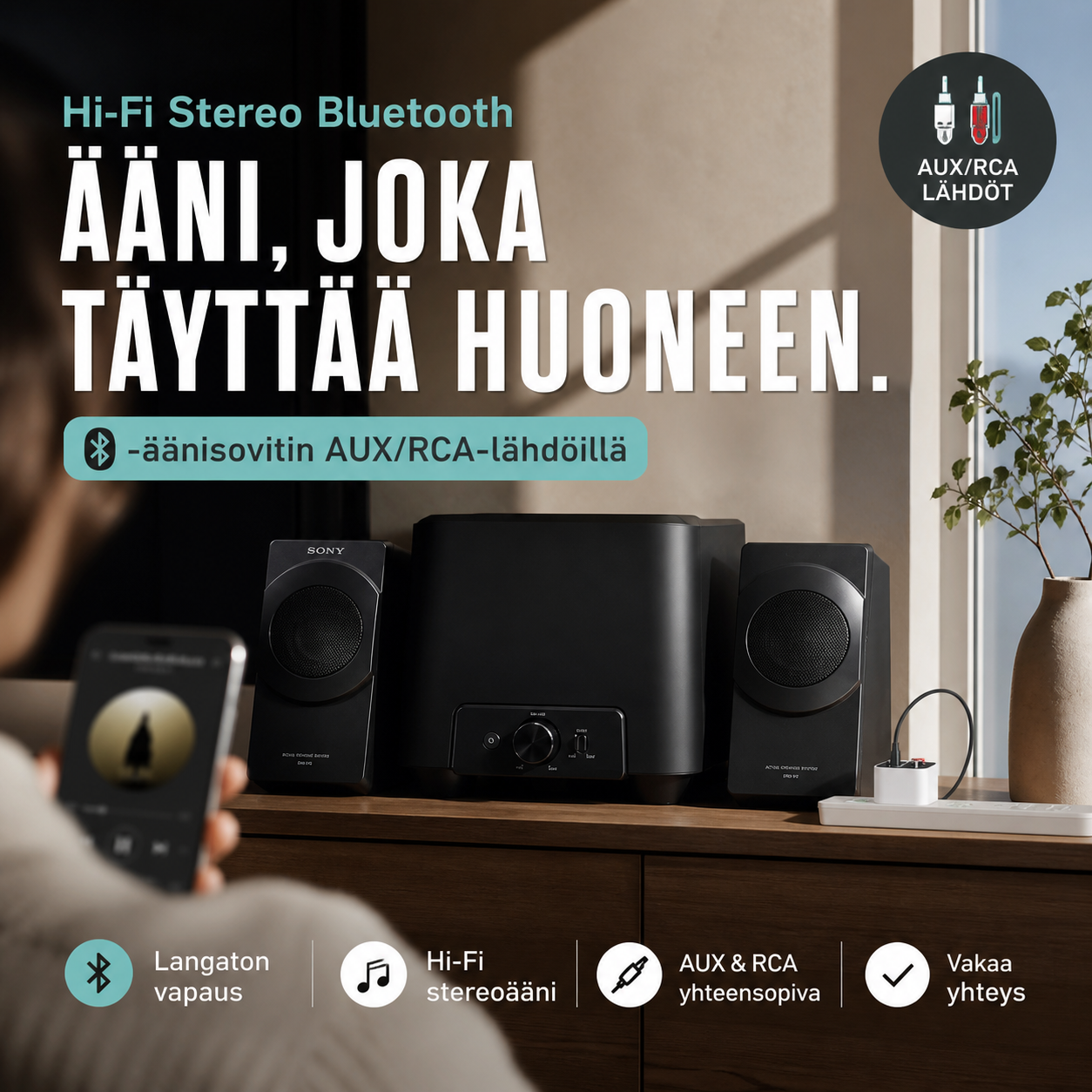 Hi-Fi Stereo Bluetooth -äänisovitin AUX/RCA-lähdöillä