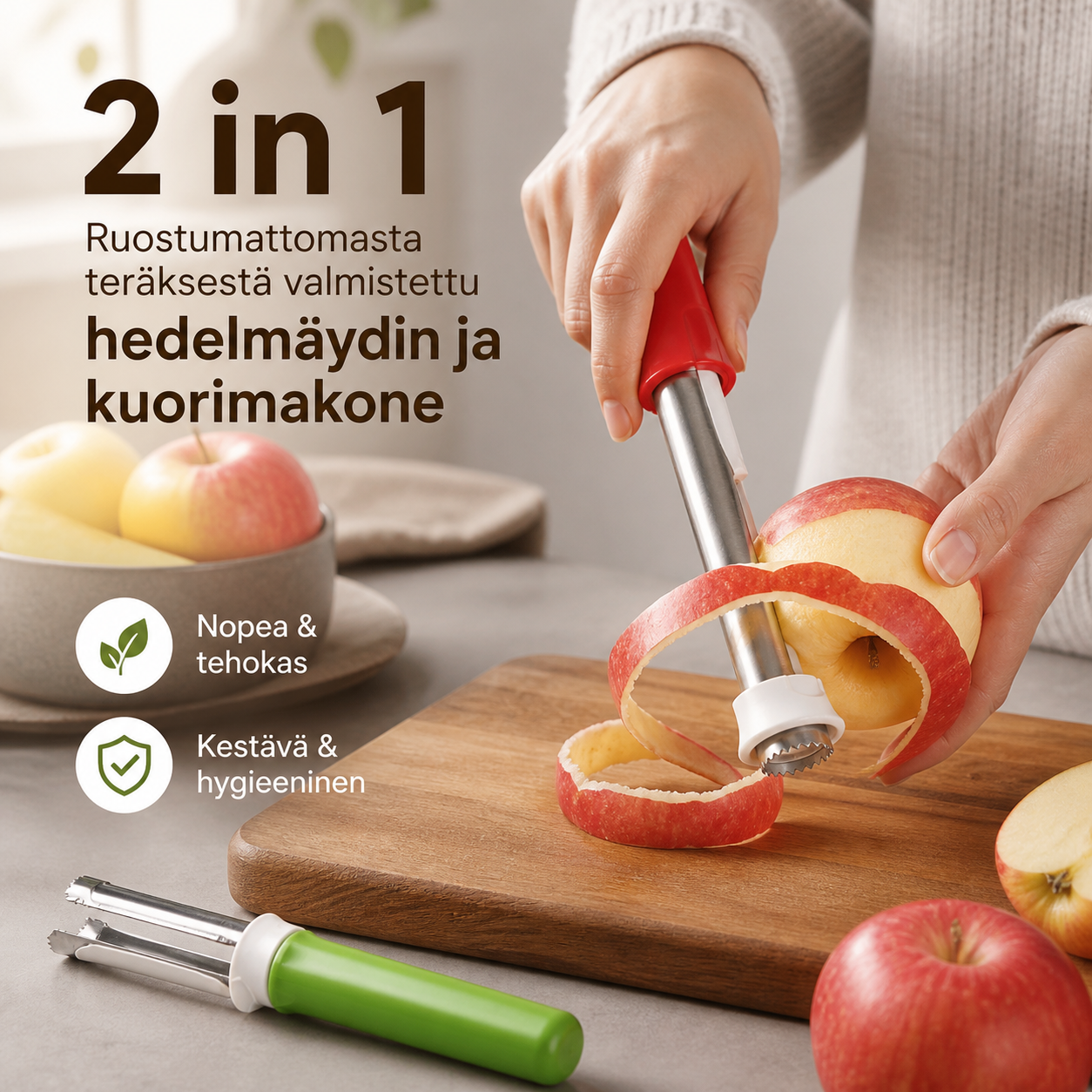 Ruostumattomasta teräksestä valmistettu hedelmäydin ja kuorimakone 2 in 1