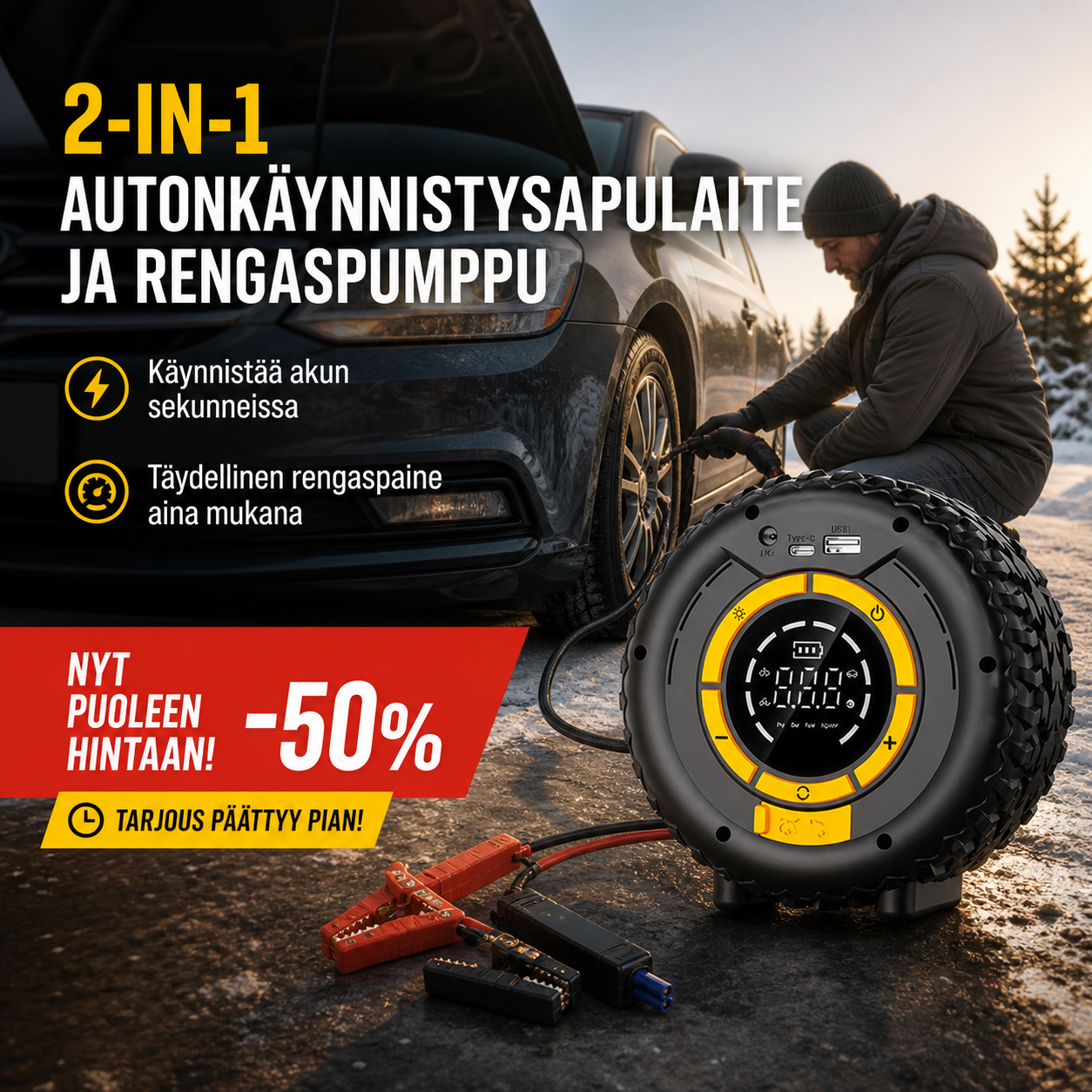 2-in-1 Autonkäynnistysapulaite ja rengaspumppu – käynnistä auto ja täytä renkaat yhdellä laitteella!