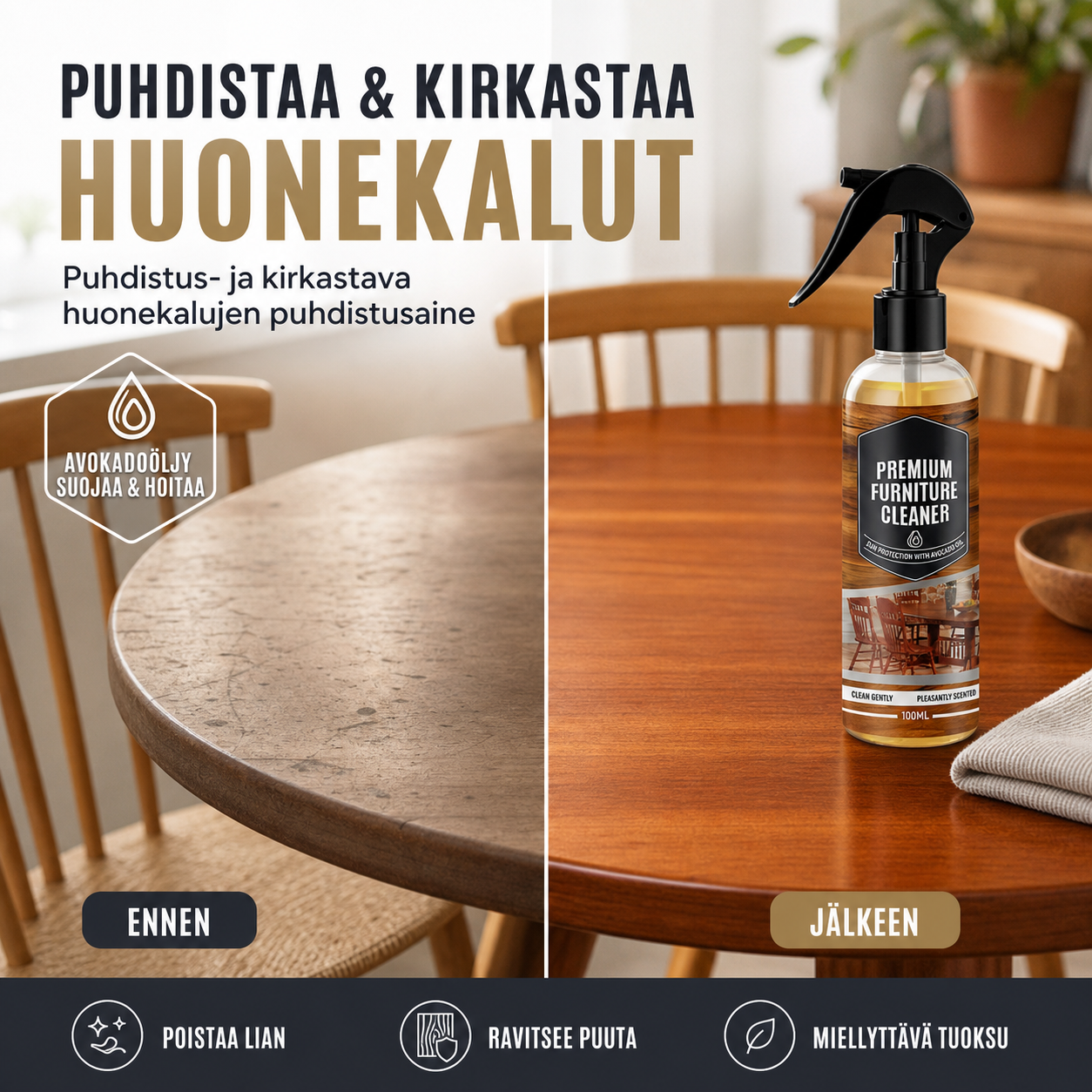Puhdistus- ja kirkastava huonekalujen puhdistusaine