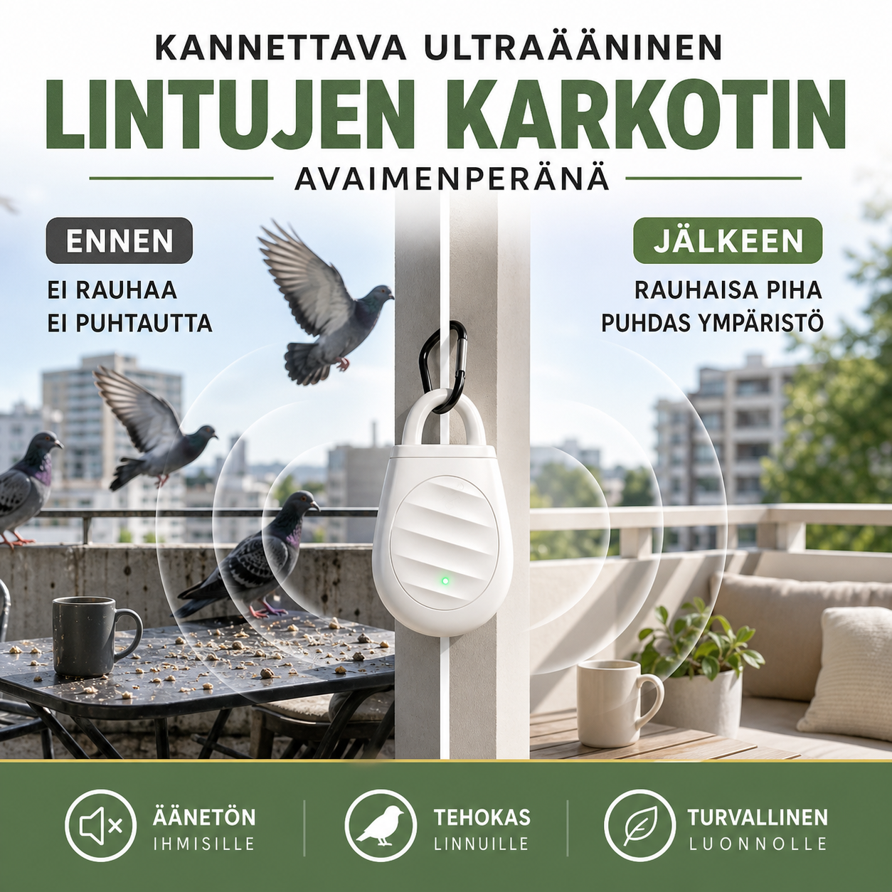 🐦Ei enää ongelmia lintujen, eläinten ja heinäsirkkojen kanssa！Kannettava ultraääninen lintujen karkotin avaimenperänä