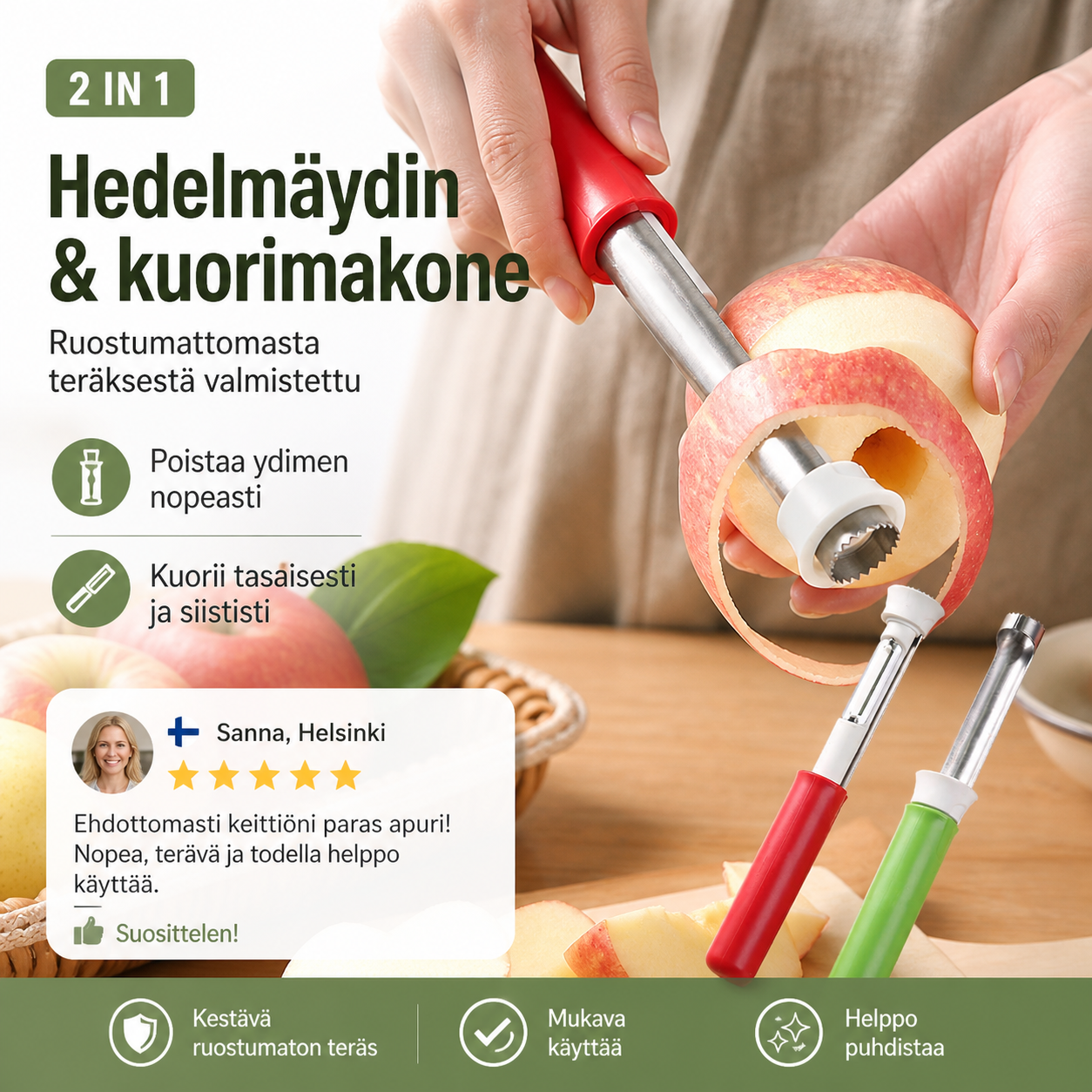 Ruostumattomasta teräksestä valmistettu hedelmäydin ja kuorimakone 2 in 1