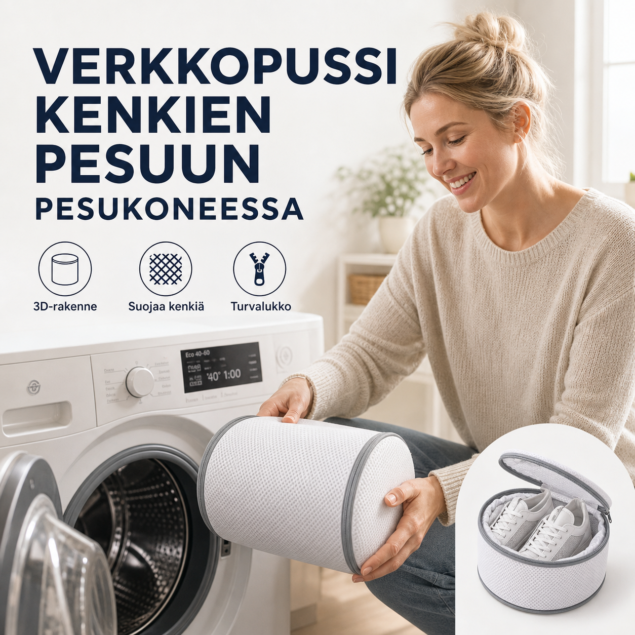 Verkkopussi kenkien pesuun pesukoneessa