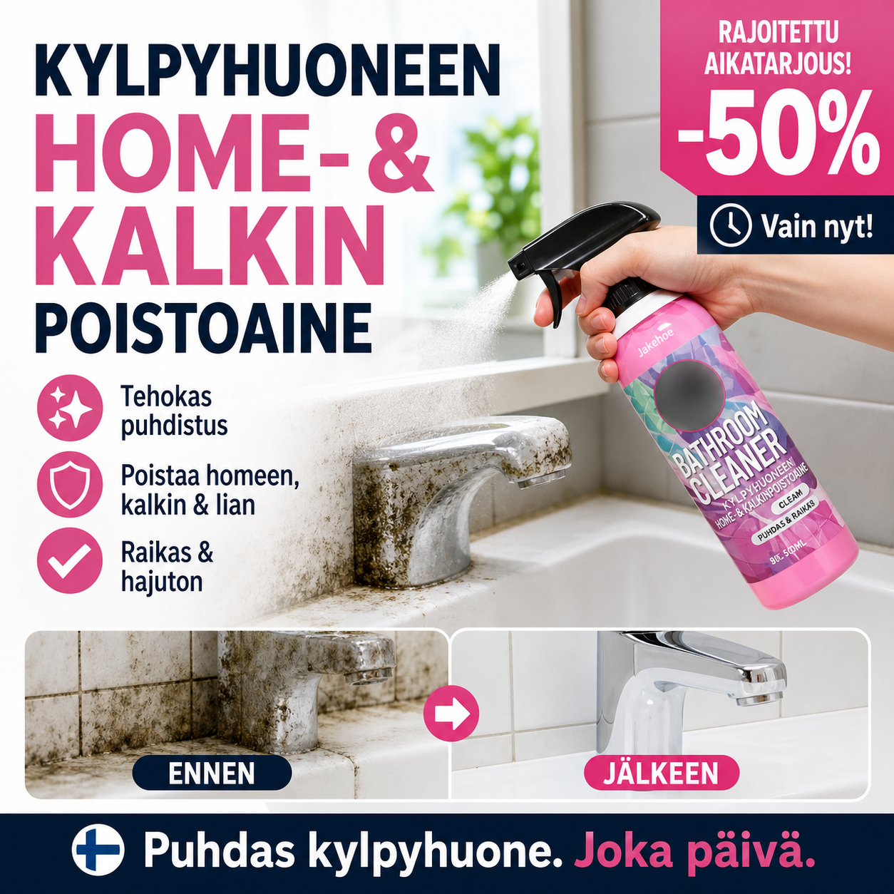 Monipintainen kylpyhuoneen puhdistusaine homeelle ja kalkille – tehokas puhdistus ilman hankausta!