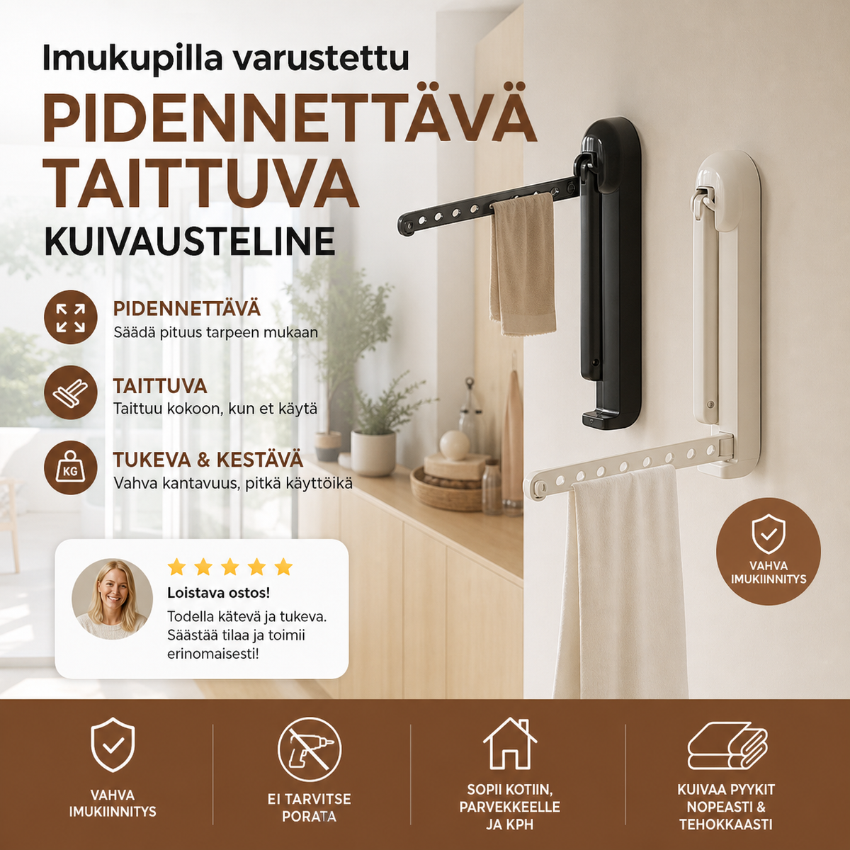 Imukupilla varustettu pidennettävä taittuva kuivausteline