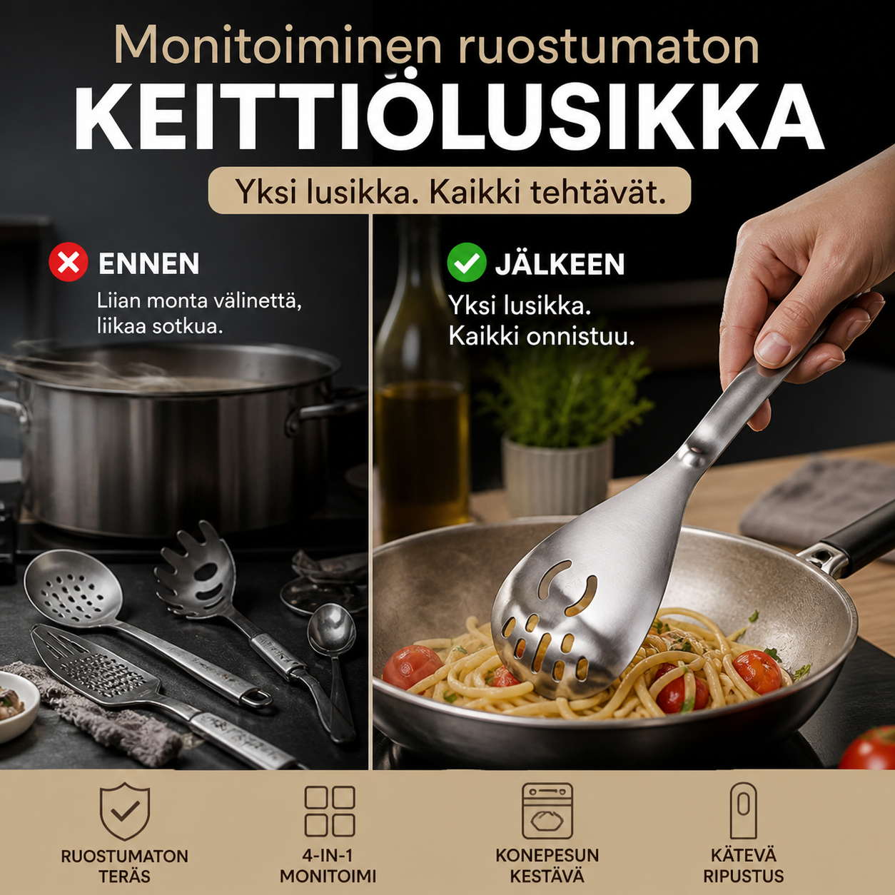 Monikäyttöinen ruostumattomasta teräksestä valmistettu keittiölusikka – kestävä ja tyylikäs keittiöön!