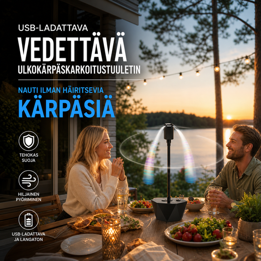 USB-ladattava vedettävä ulkokärpäskarkoitustuuletin