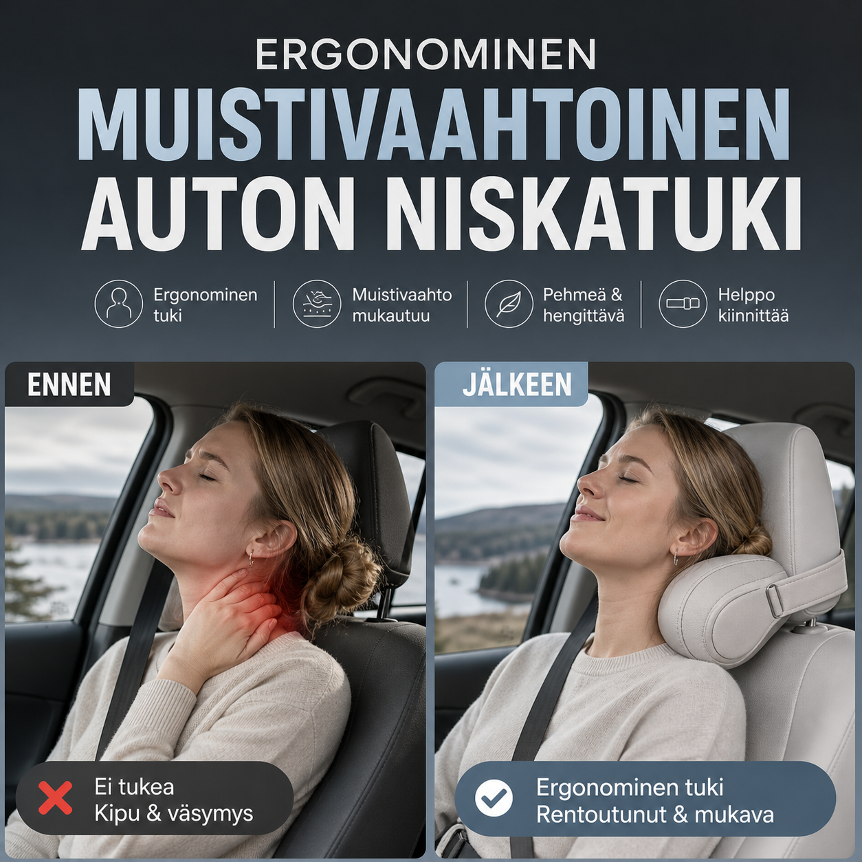 Ergonominen muistivaahtoinen auton niskatuki