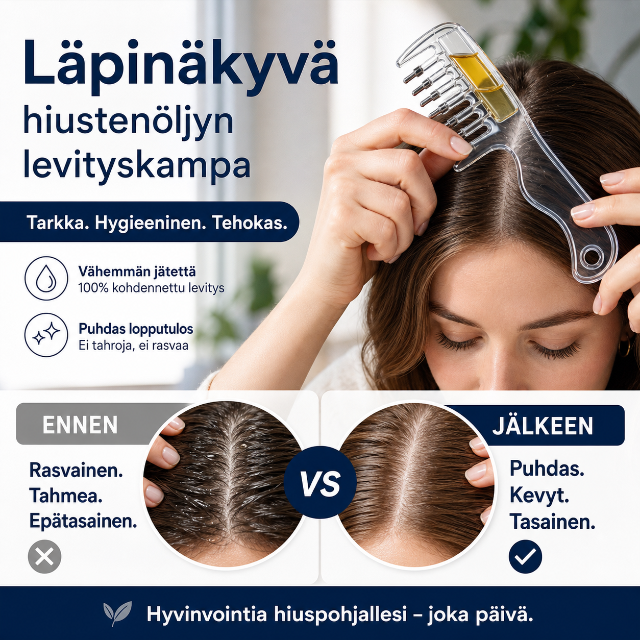 Läpinäkyvä hiustenöljyn levityskampa – tasainen levitys ja helppo käyttö!