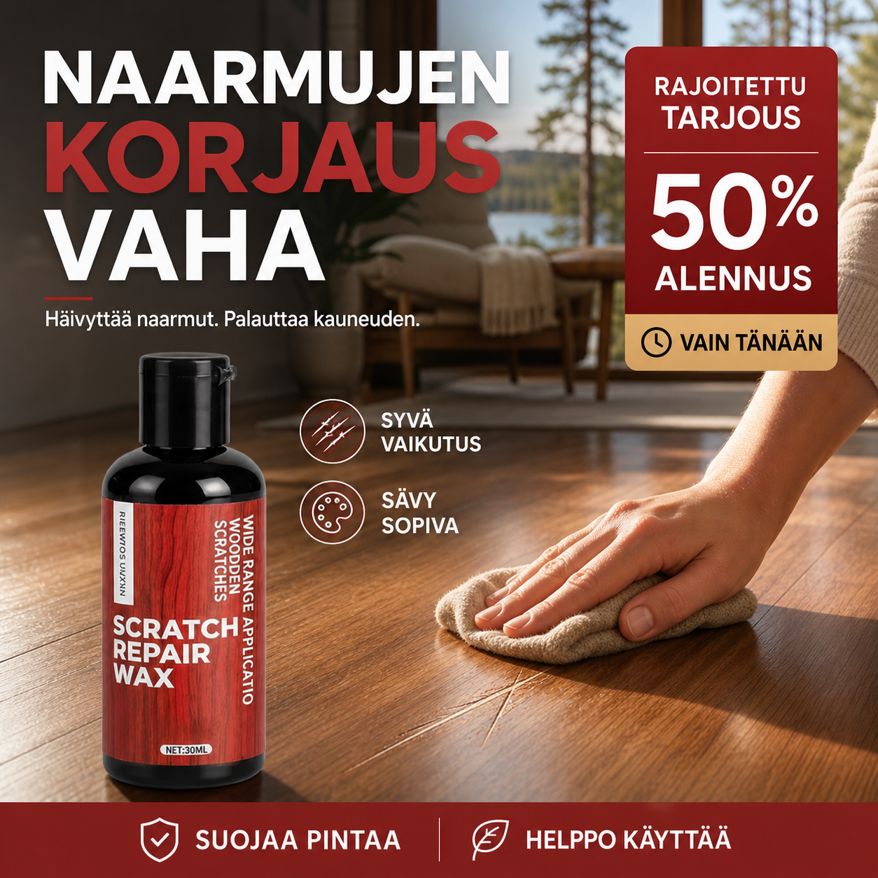 Naarmujen korjausvaha – Täyttää välittömästi puulattioiden ja huonekalujen naarmut ja kulumajäljet. Palauttaa puun luonnollisen syykuvion, ei tarvitse vaihtaa! 💰✨
