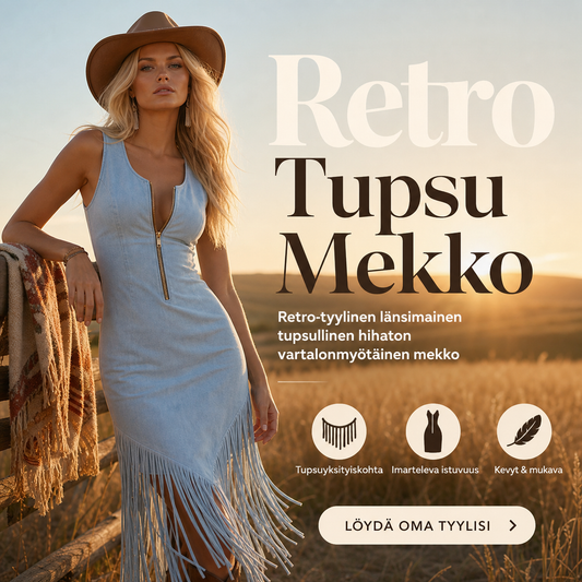 Retro-tyylinen länsimainen tupsullinen hihaton vartalonmyötäinen mekko
