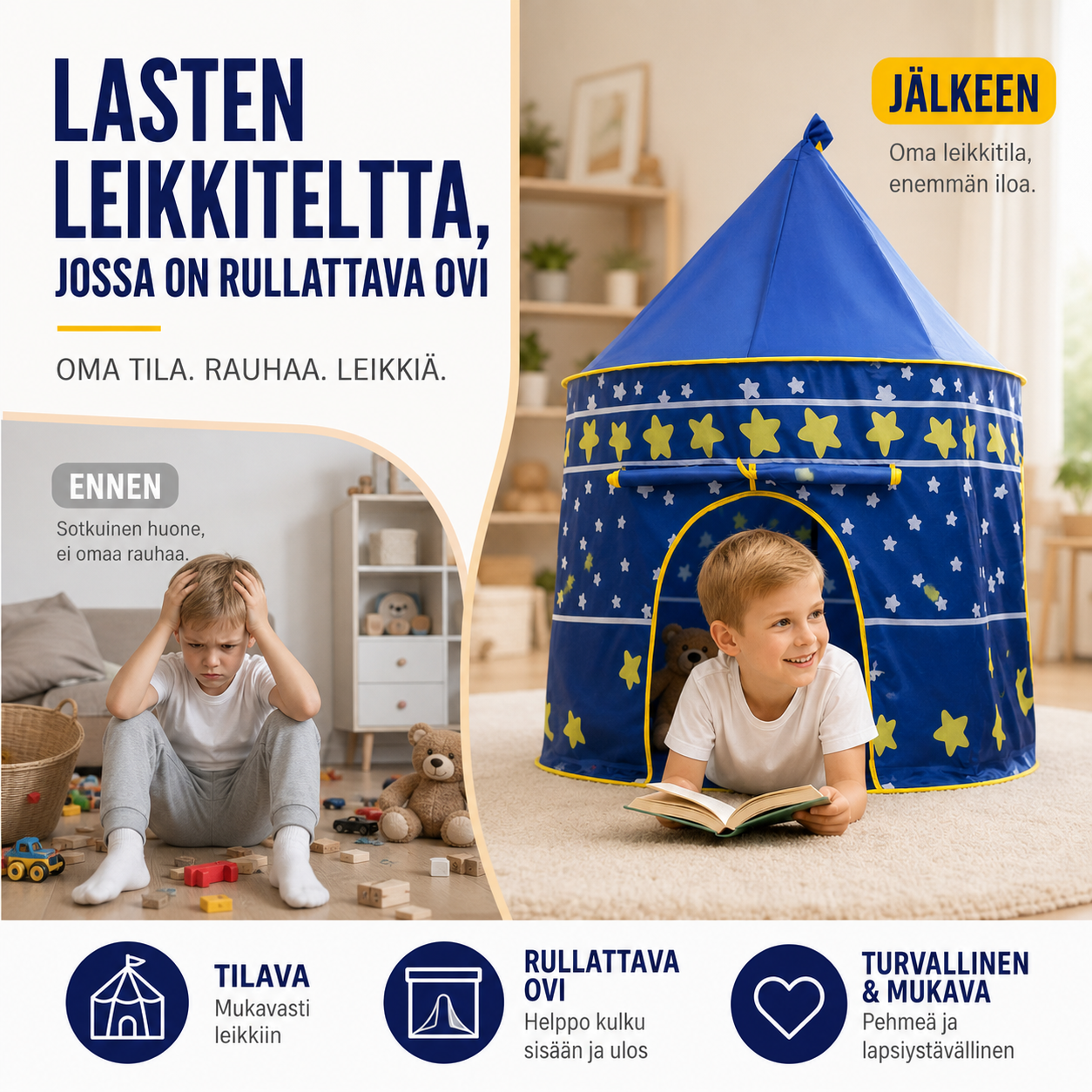 Lasten leikkiteltta, jossa on rullattava ovi
