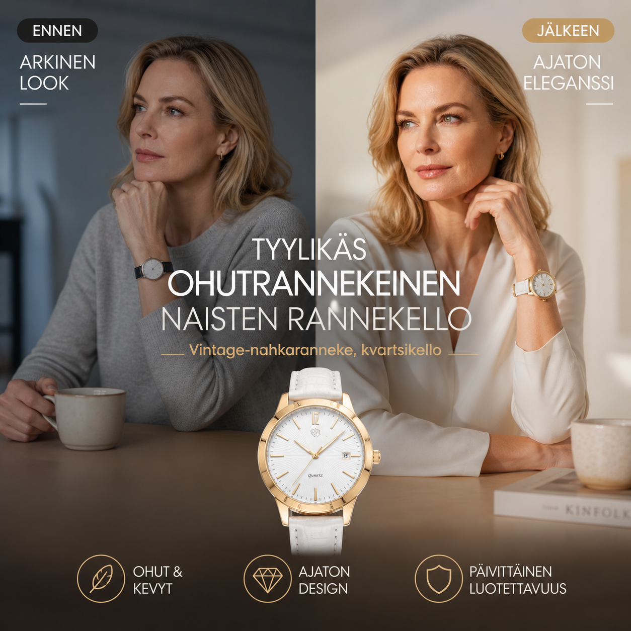Tyylikäs ohutrannekeinen naisten rannekello – vintage-nahkaranneke, kvartsikello