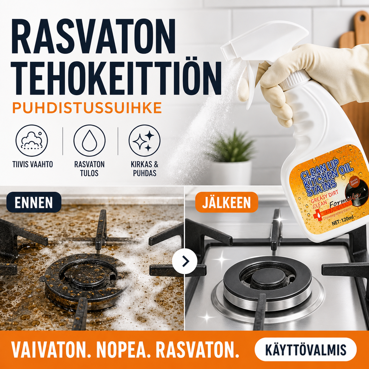 Rasvaton tehokeittiön puhdistussuihke – poistaa rasvan ja lian helposti!
